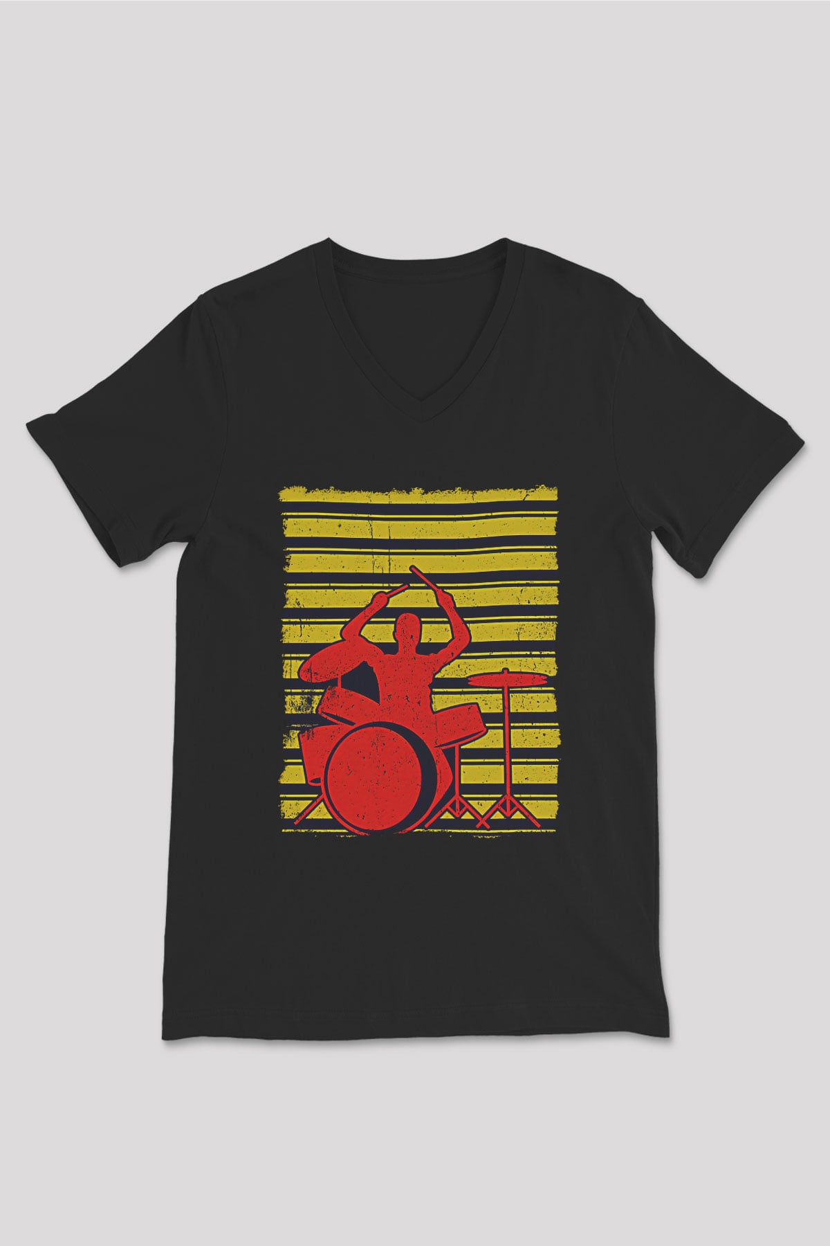 Bateri Baskılı Unisex Siyah V Yaka Tişört - Tshirt