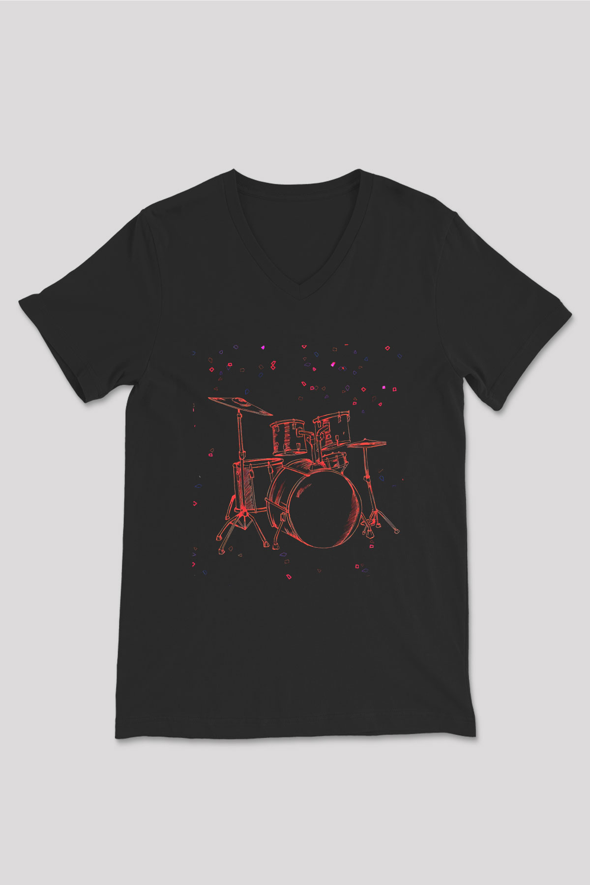 Bateri Baskılı Unisex Siyah V Yaka Tişört - Tshirt