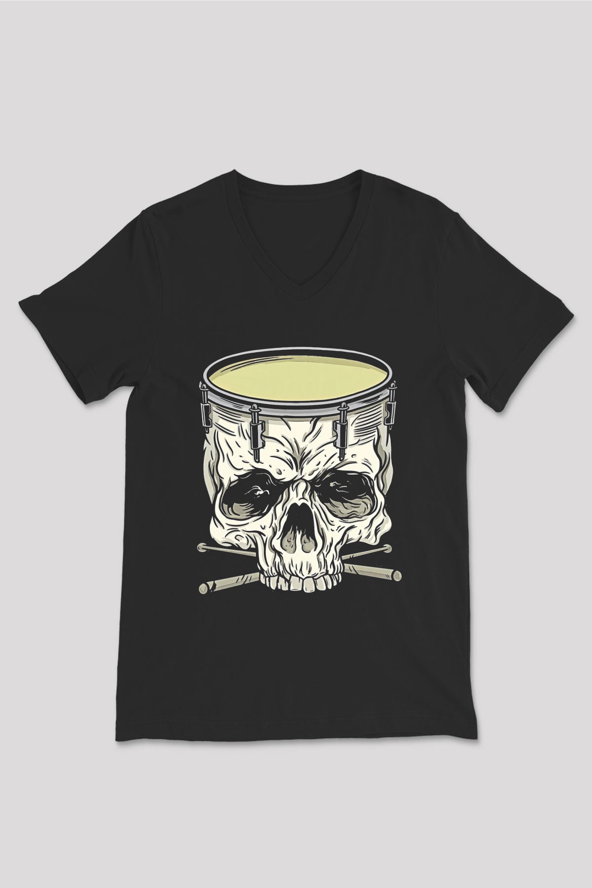 Bateri Baskılı Unisex Siyah V Yaka Tişört - Tshirt