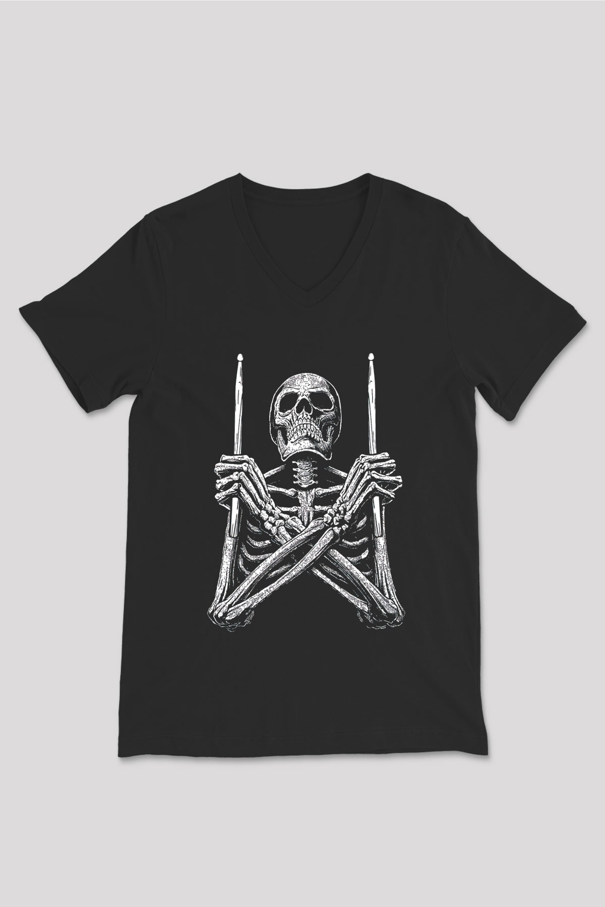 Bateri Baskılı Unisex Siyah V Yaka Tişört - Tshirt
