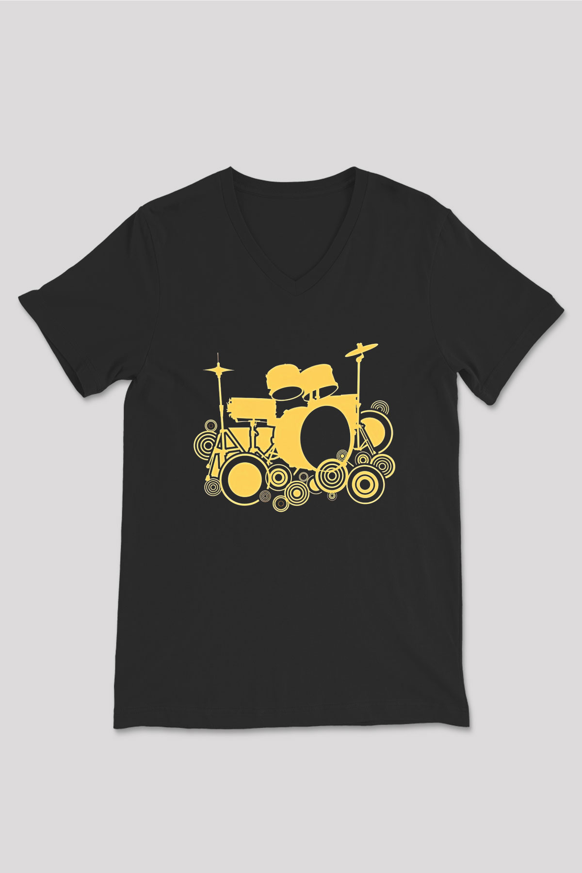Bateri Baskılı Unisex Siyah V Yaka Tişört - Tshirt