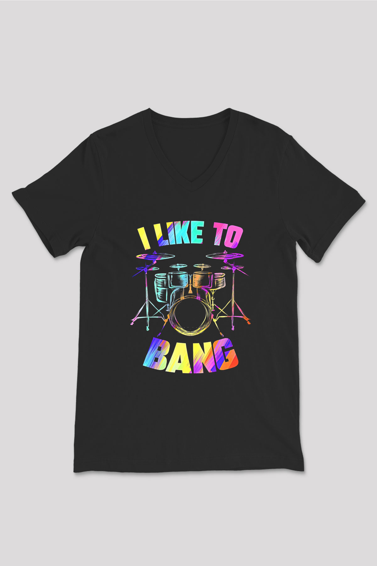 Bateri Baskılı Unisex Siyah V Yaka Tişört - Tshirt