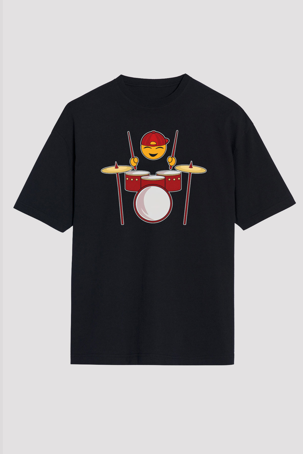 Baterist Emoji Baskılı Oversize Siyah Tişört