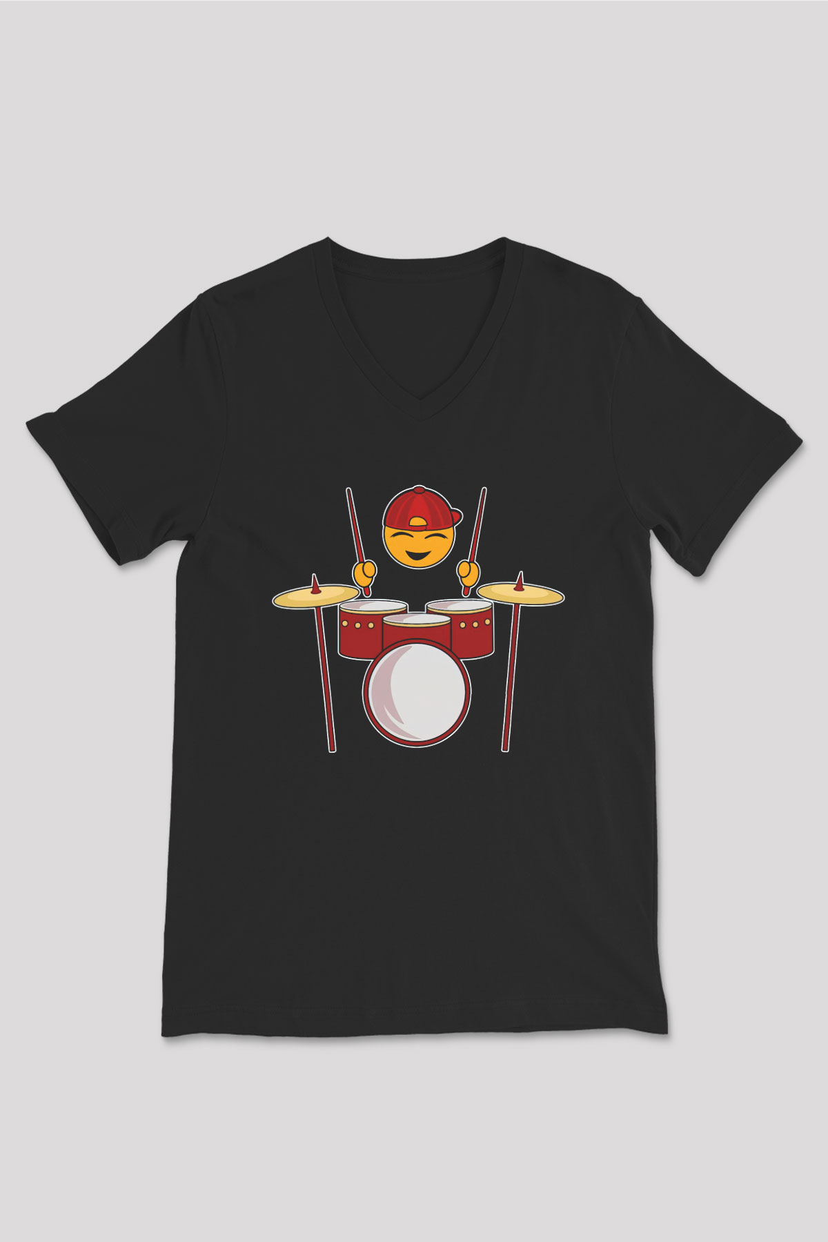 Baterist Emoji Baskılı Unisex Siyah  V Yaka Tişört