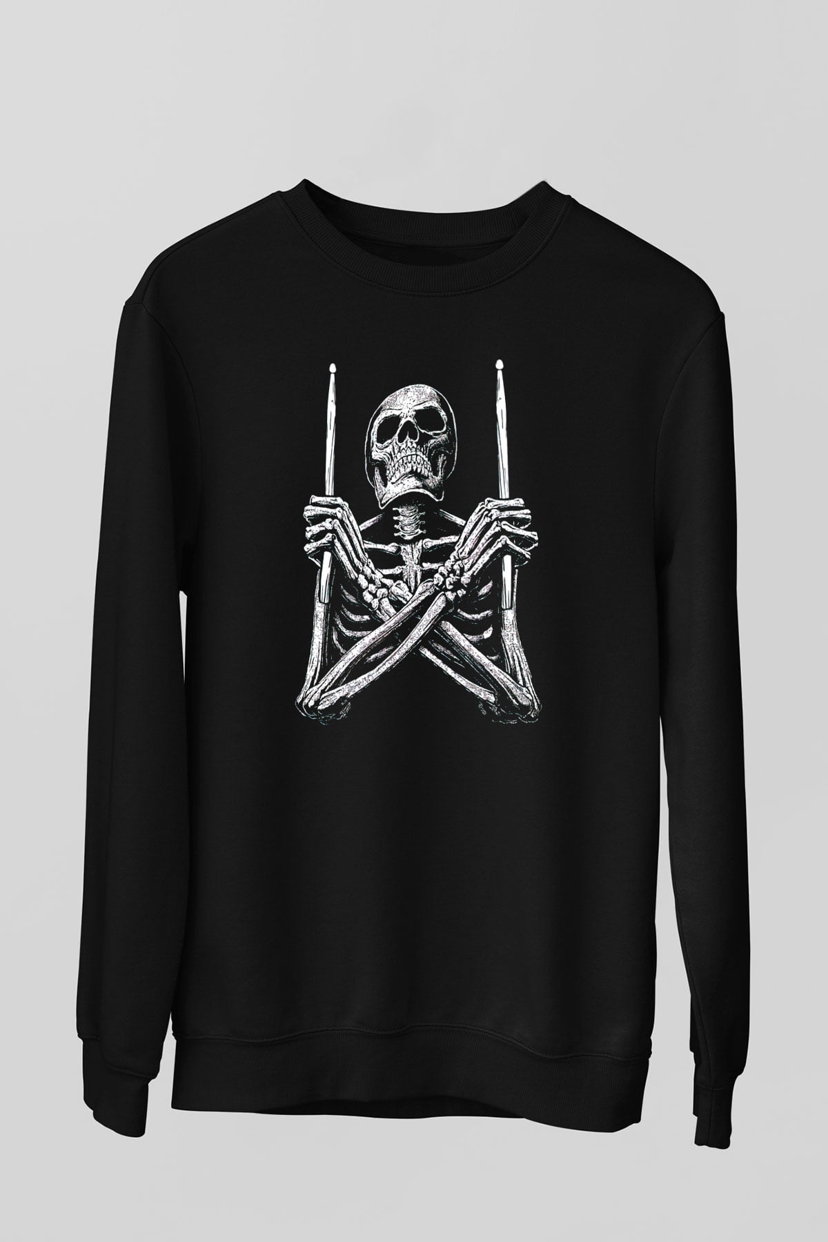 Baterist İskelet Baskılı Unisex Siyah  Sweatshirt