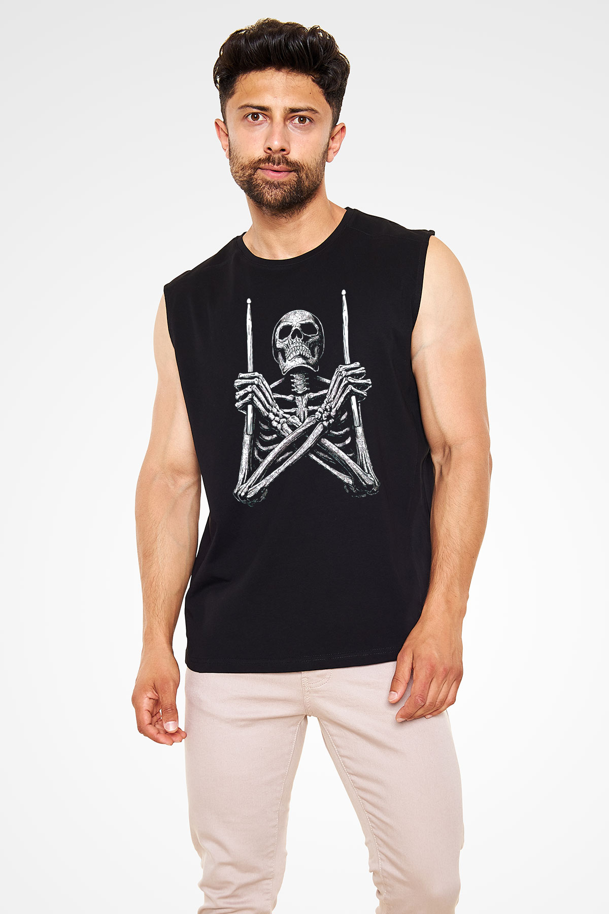 Baterist İskelet Baskılı Unisex Siyah  Kolsuz Tişört
