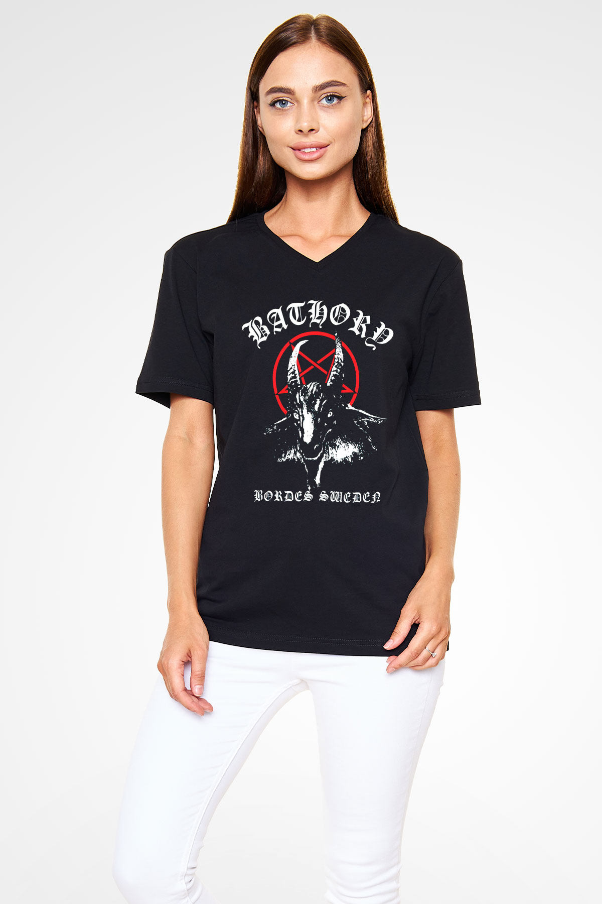 Bathory Siyah Unisex V Yaka Tişört T-Shirt