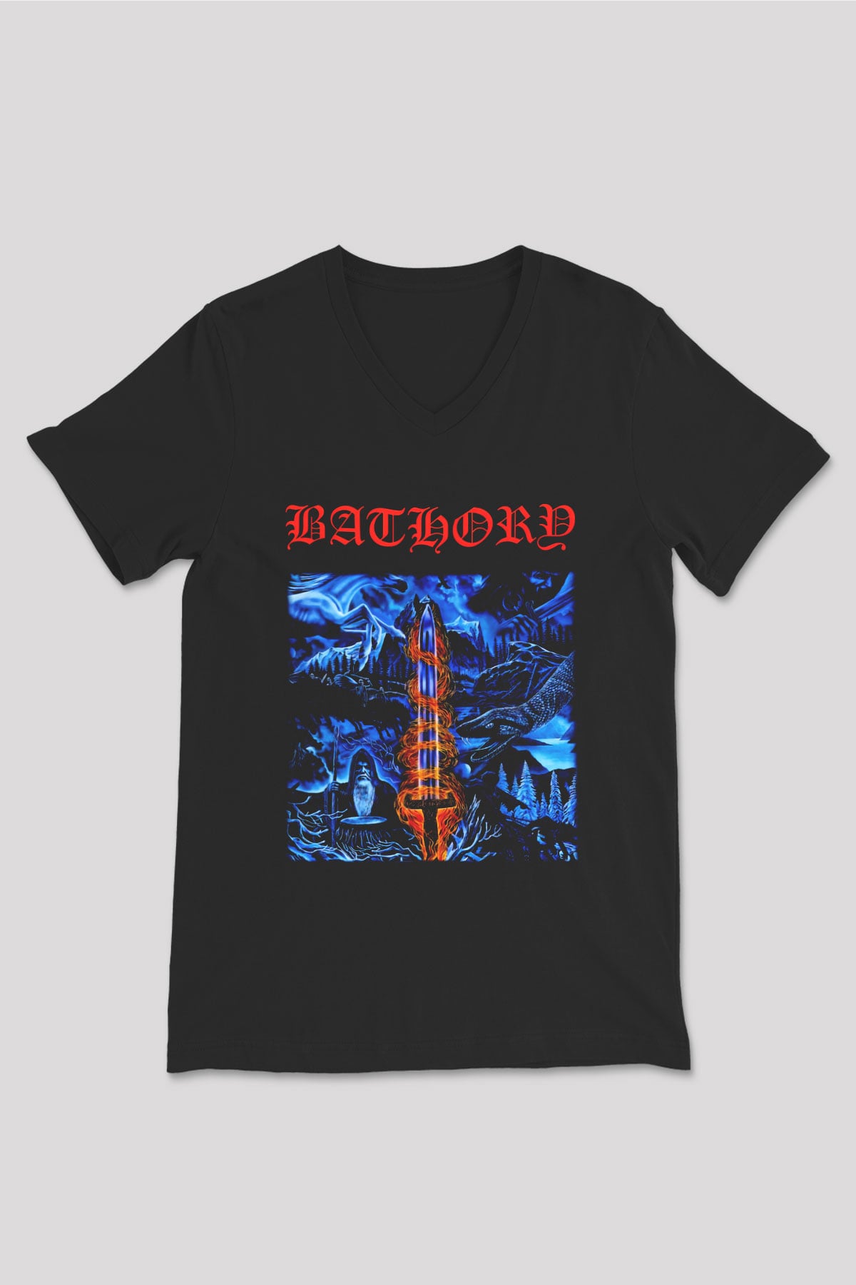 Bathory Siyah Unisex V Yaka Tişört T-Shirt