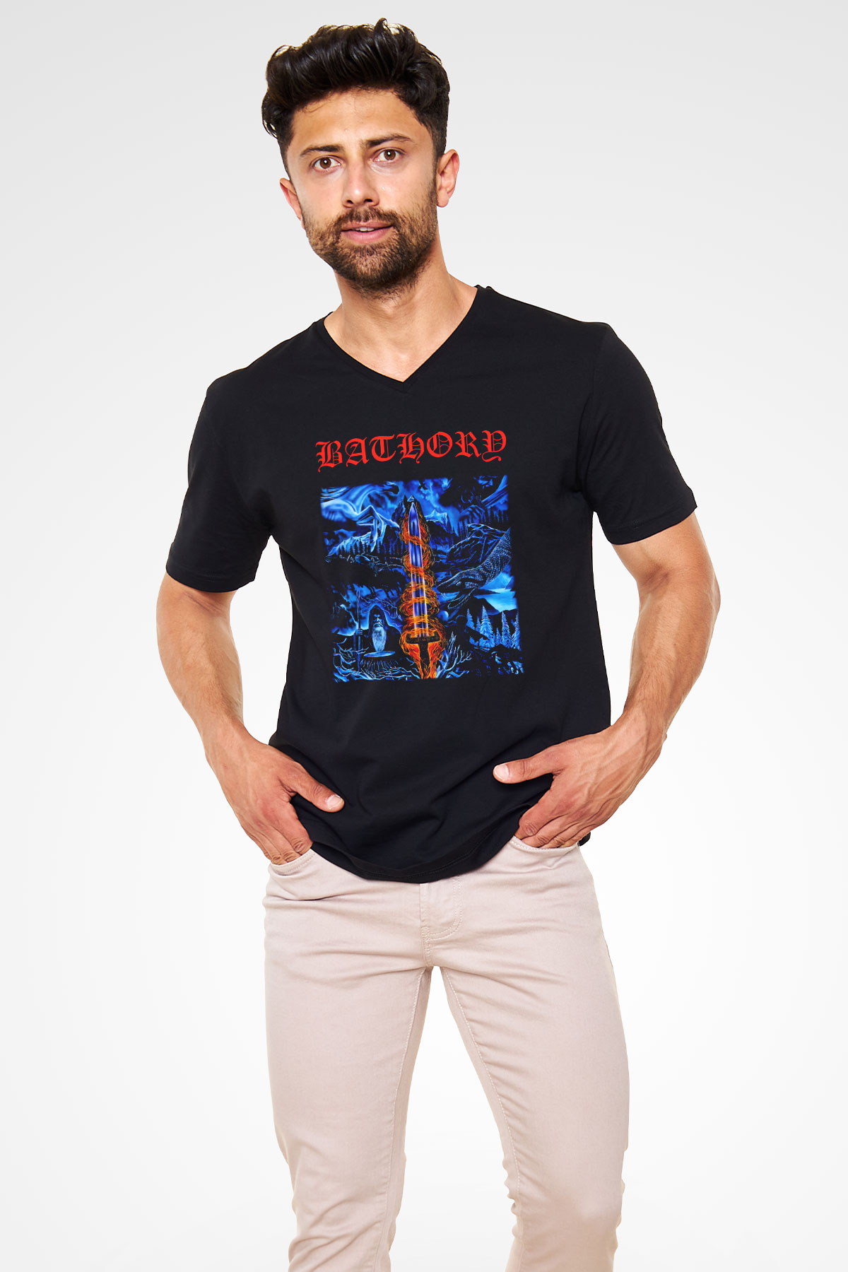 Bathory Siyah Unisex V Yaka Tişört T-Shirt