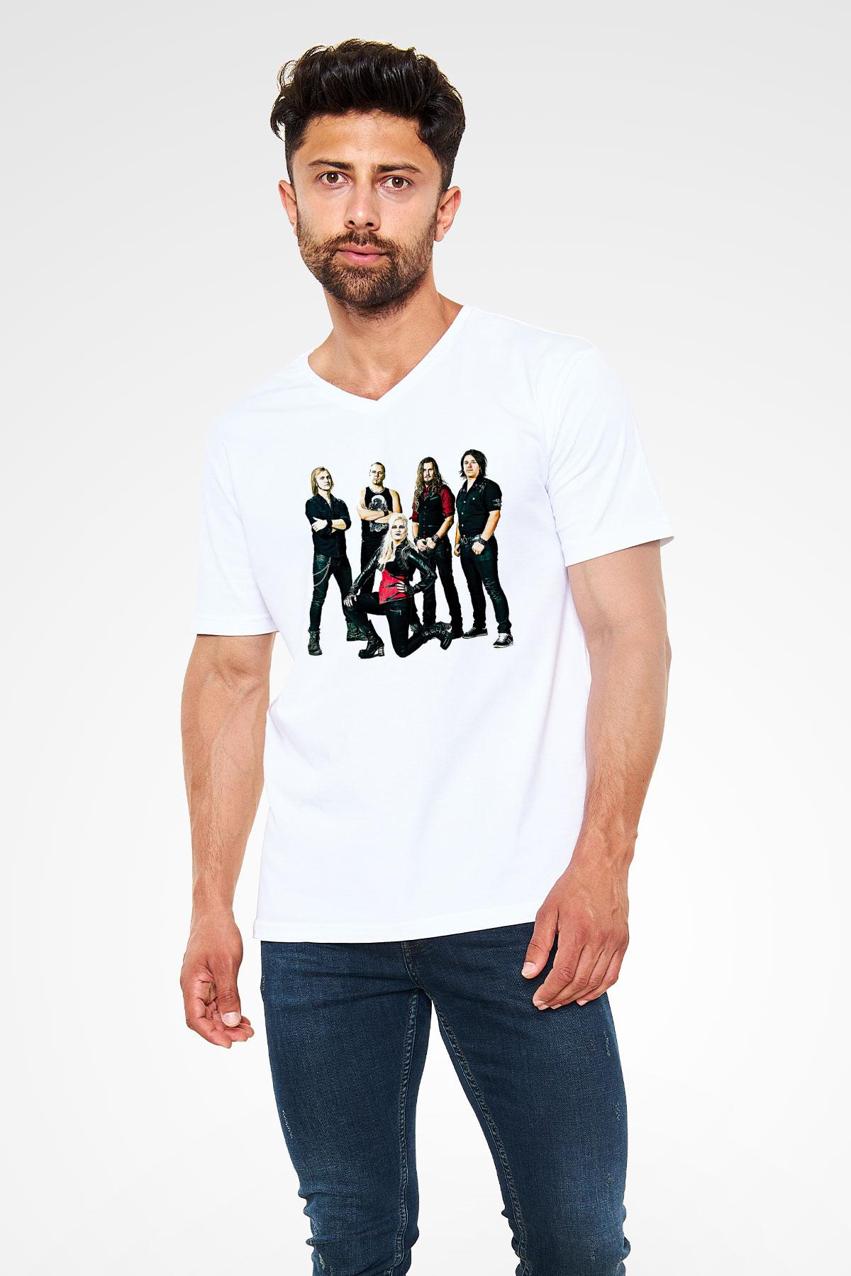 Battle Beast Baskılı Beyaz Unisex V Yaka Tişört - Tshirt
