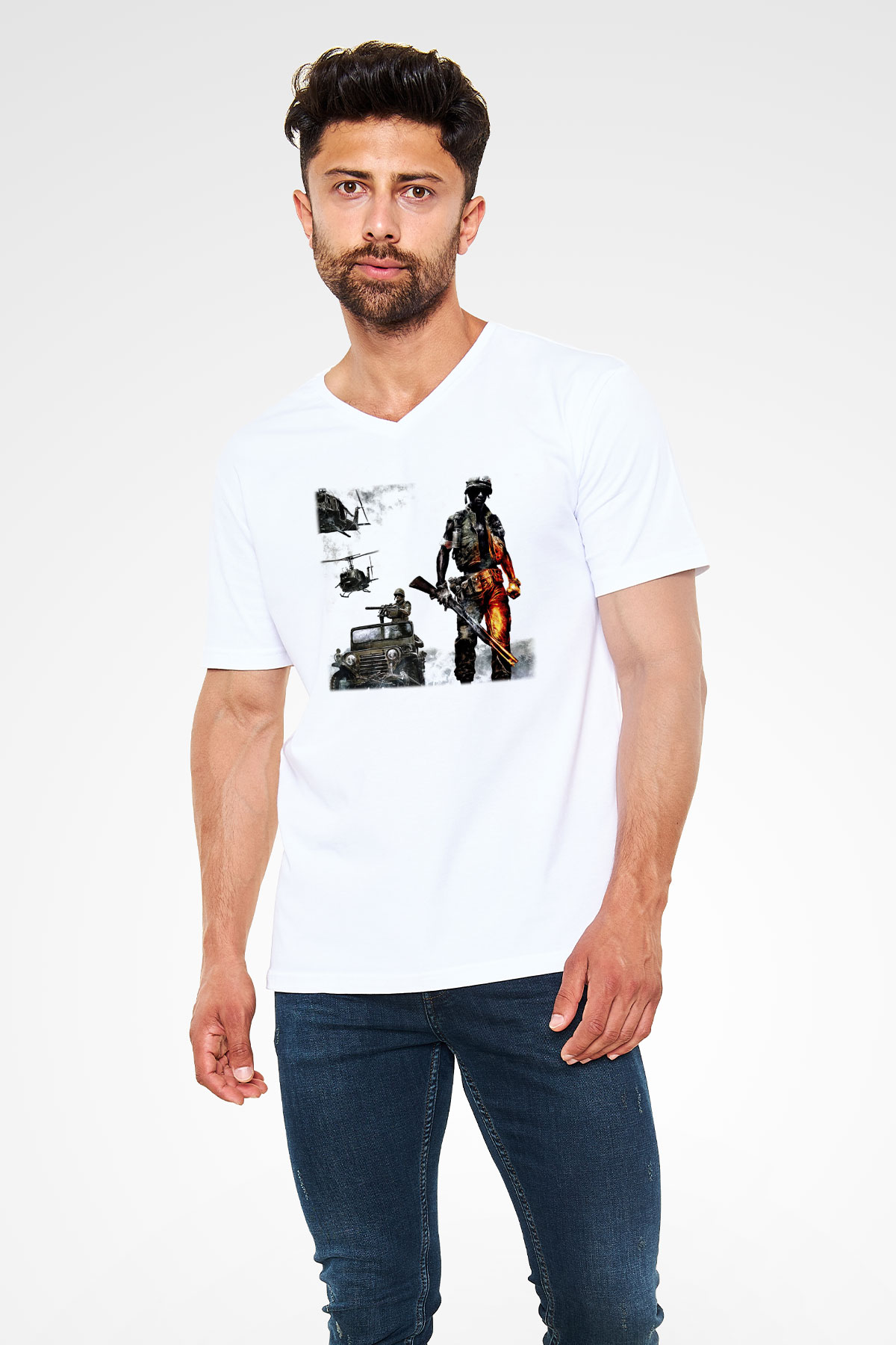 Battlefield Beyaz Unisex V Yaka Tişört T-Shirt