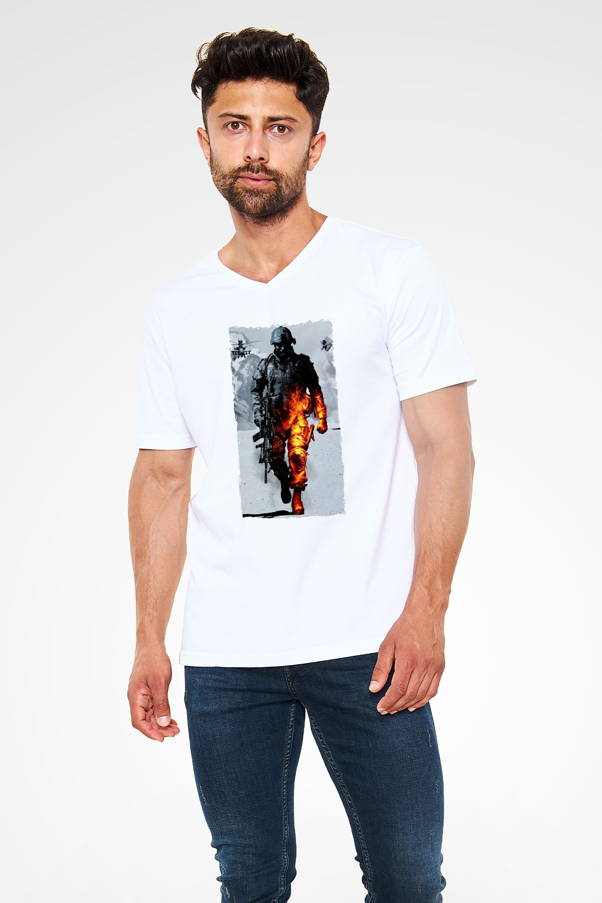 Battlefield Beyaz Unisex V Yaka Tişört
