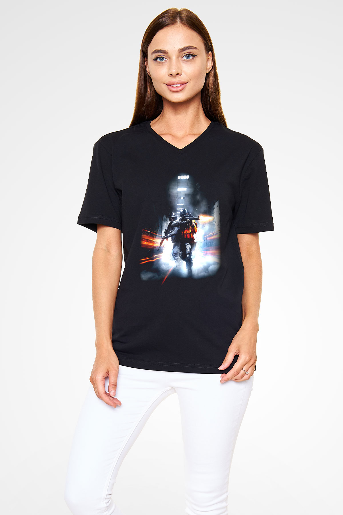 Battlefield Siyah Unisex V Yaka Tişört T-Shirt