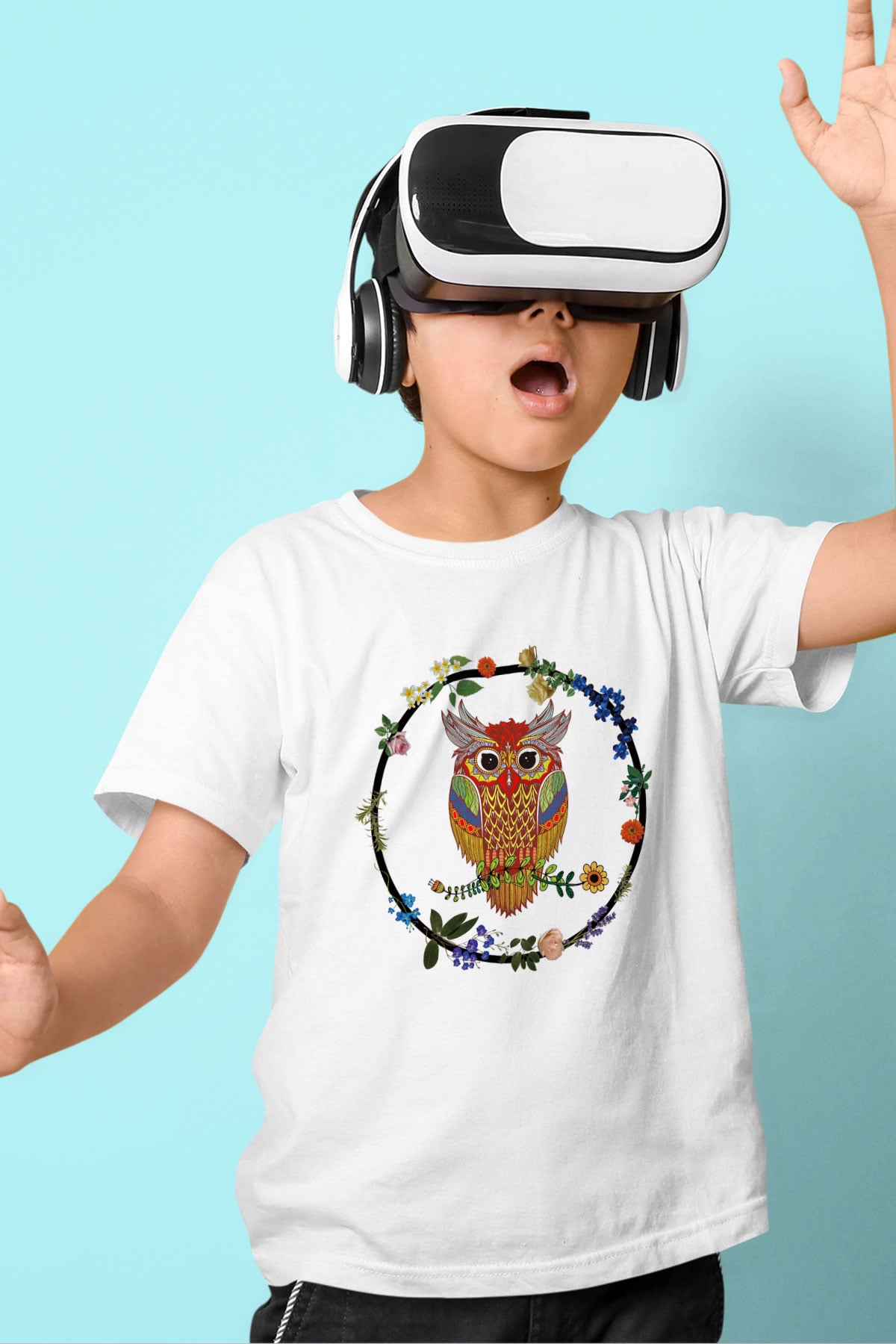 Baykuş Baskılı Beyaz Unisex Çocuk Tişört