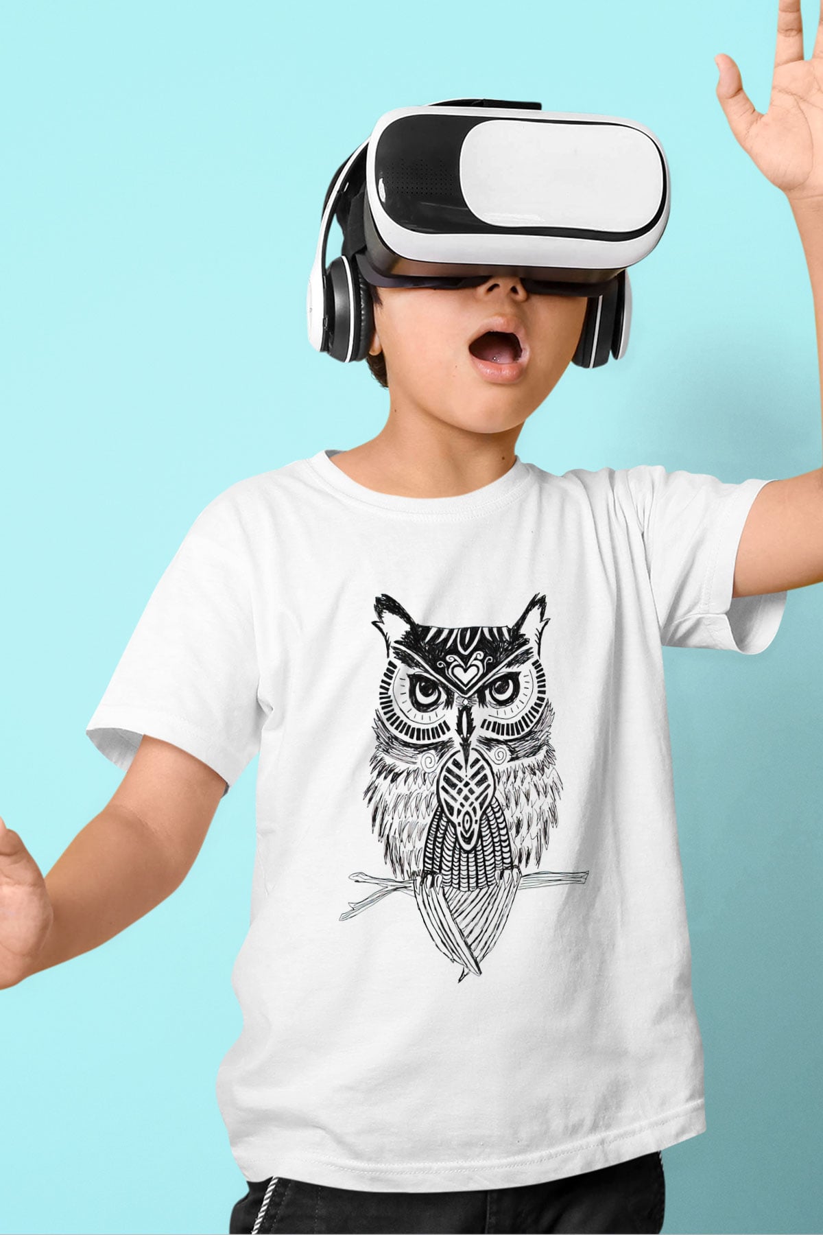 Baykuş Baskılı Beyaz Unisex Çocuk Tişört