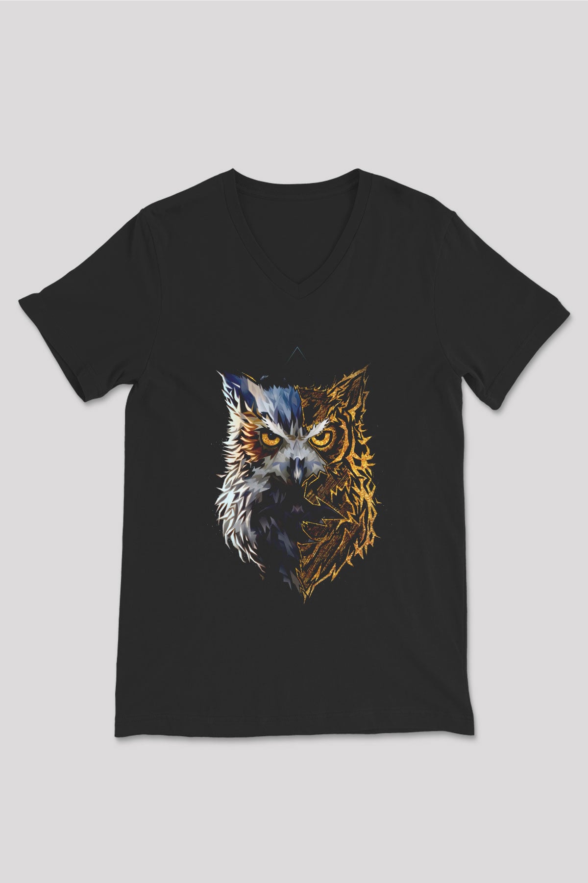 Baykuş Baskılı Unisex Siyah  V Yaka Tişört