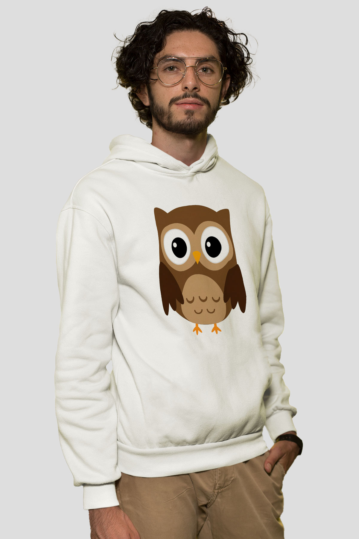 Baykuş Beyaz Unisex Kapşonlu Sweatshirt