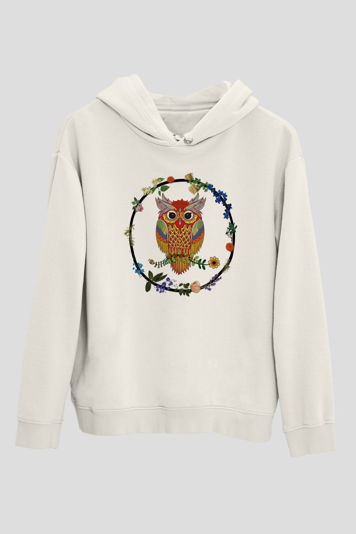 Baykuş Beyaz Unisex Kapşonlu Sweatshirt