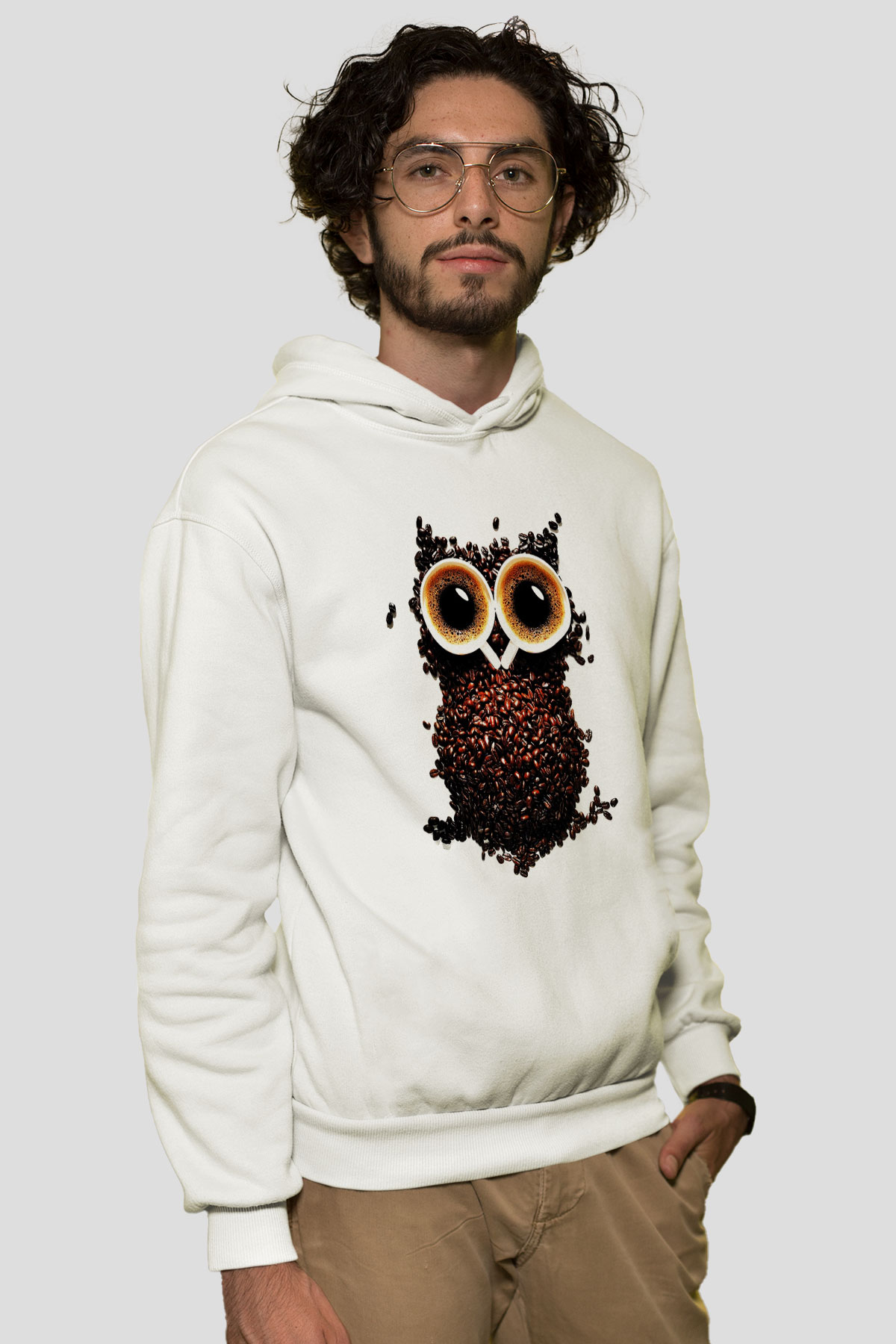 Baykuş Beyaz Unisex Kapşonlu Sweatshirt