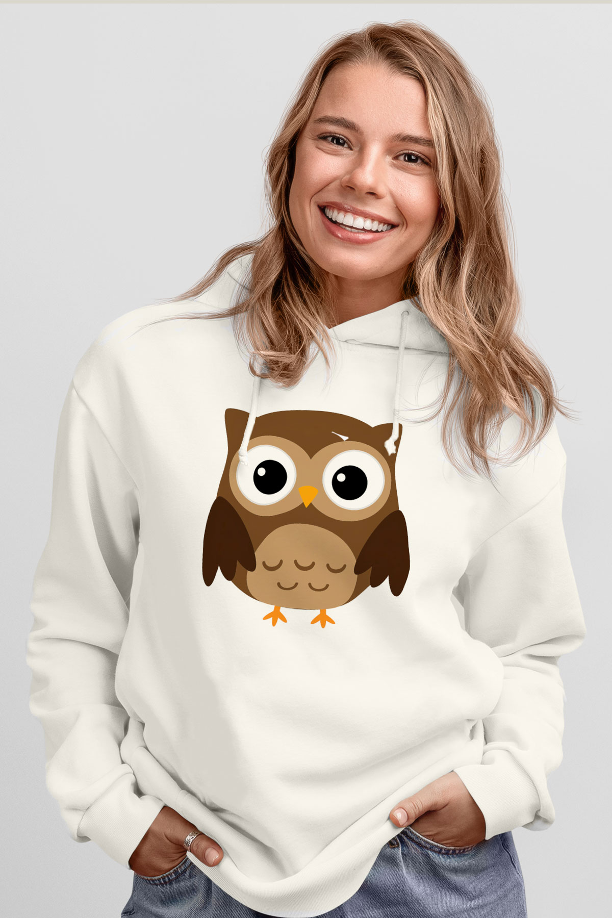 Baykuş Beyaz Unisex Kapşonlu Sweatshirt
