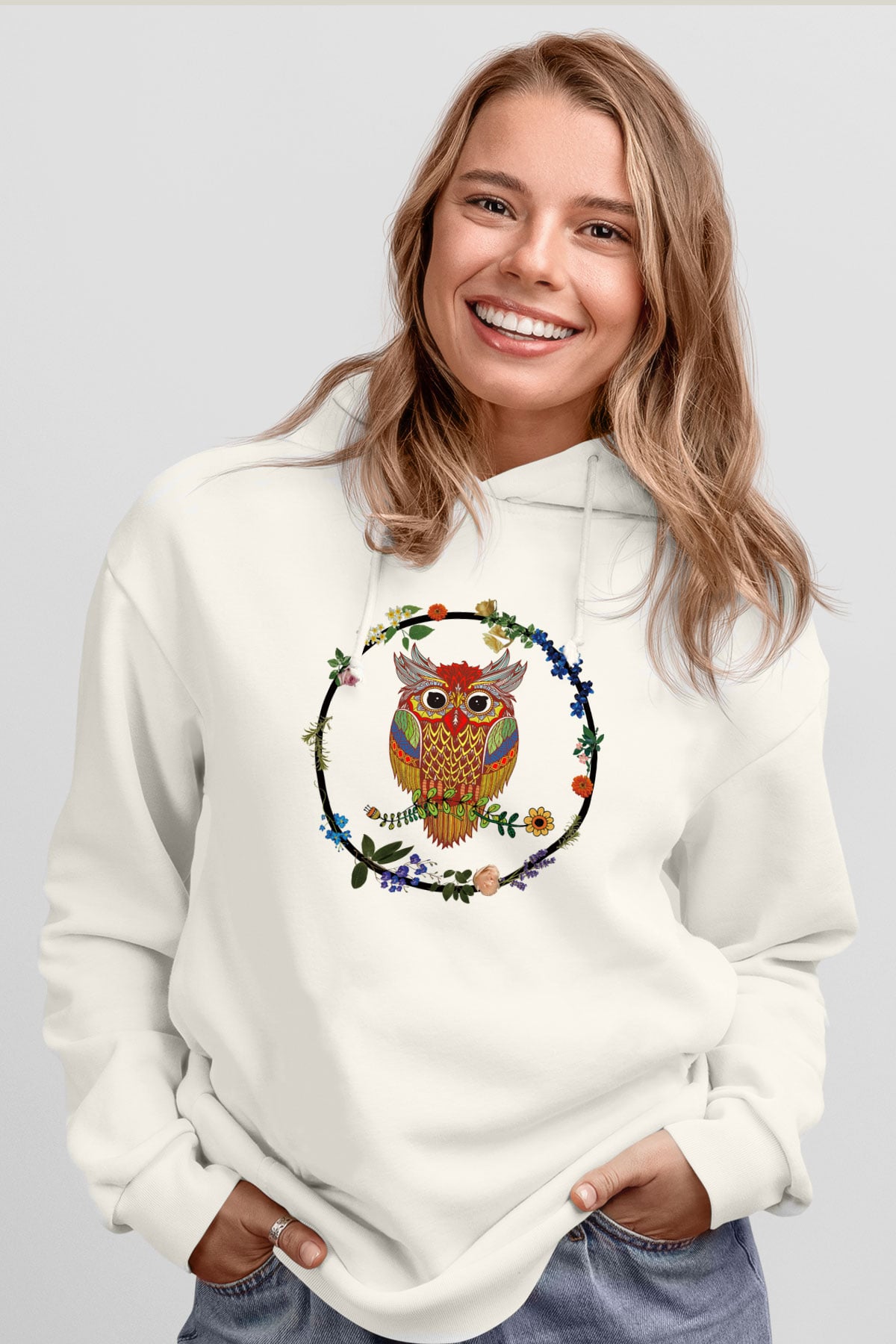 Baykuş Beyaz Unisex Kapşonlu Sweatshirt