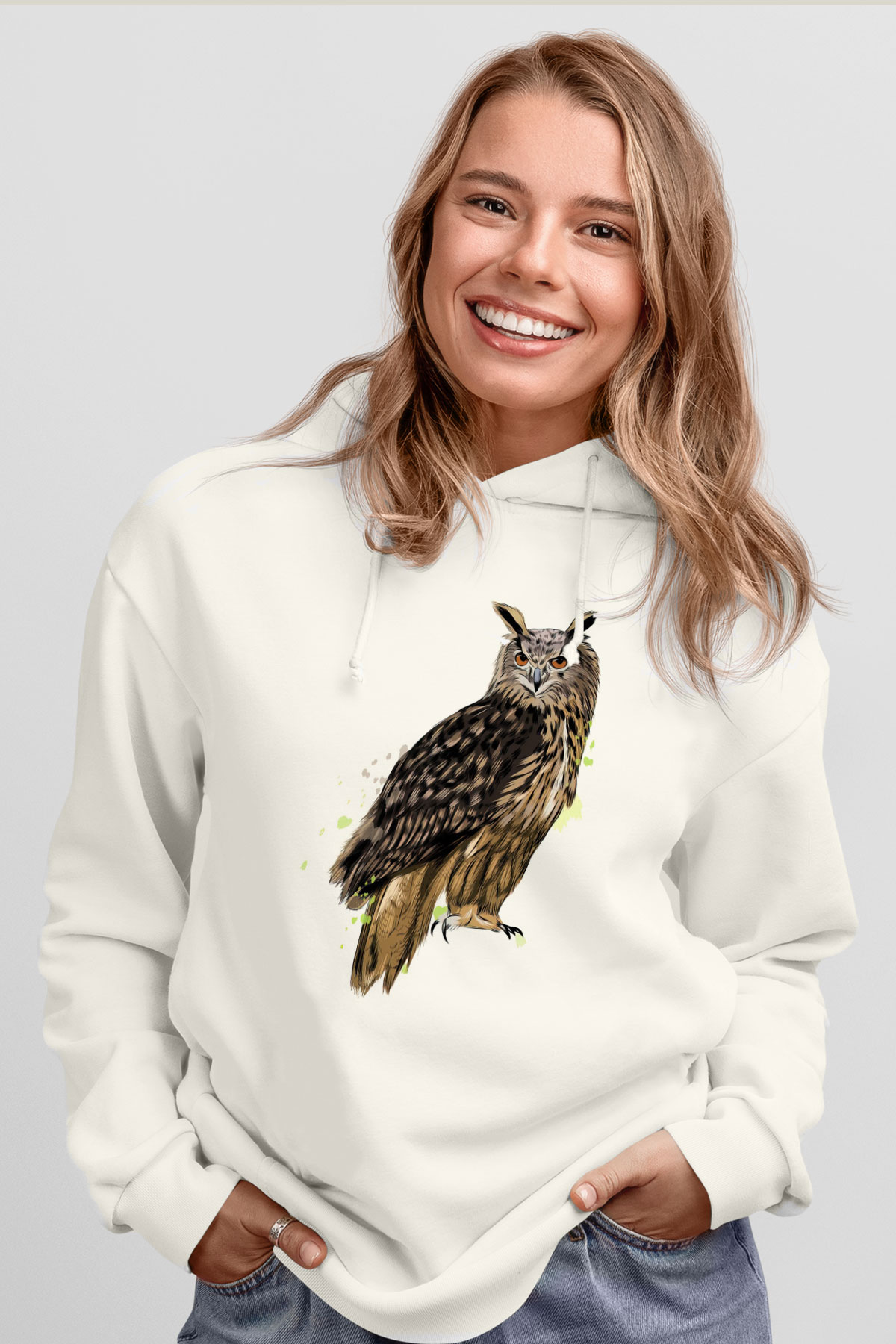 Baykuş Beyaz Unisex Kapüşonlu Sweatshirt