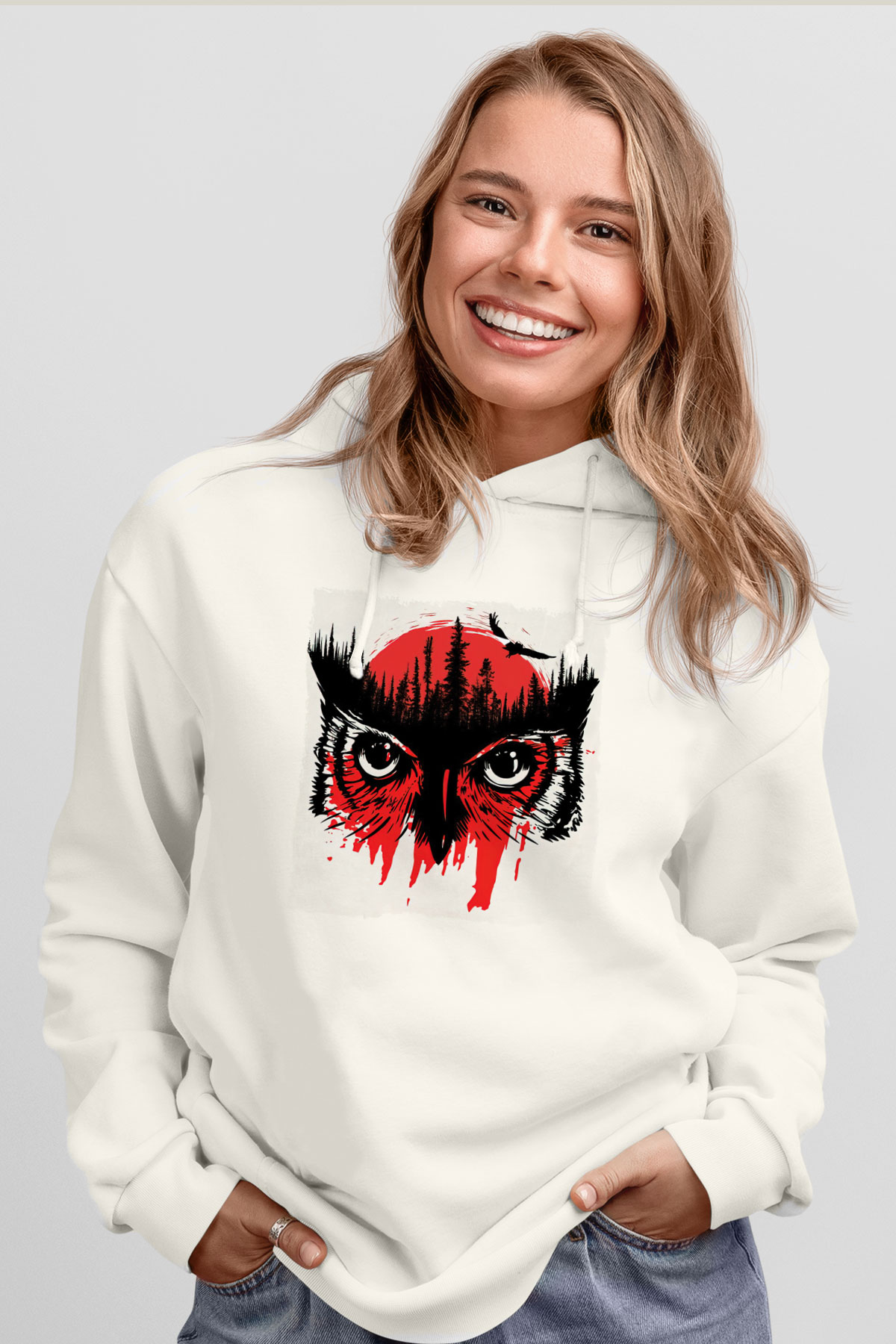 Baykuş Beyaz Unisex Kapüşonlu Sweatshirt