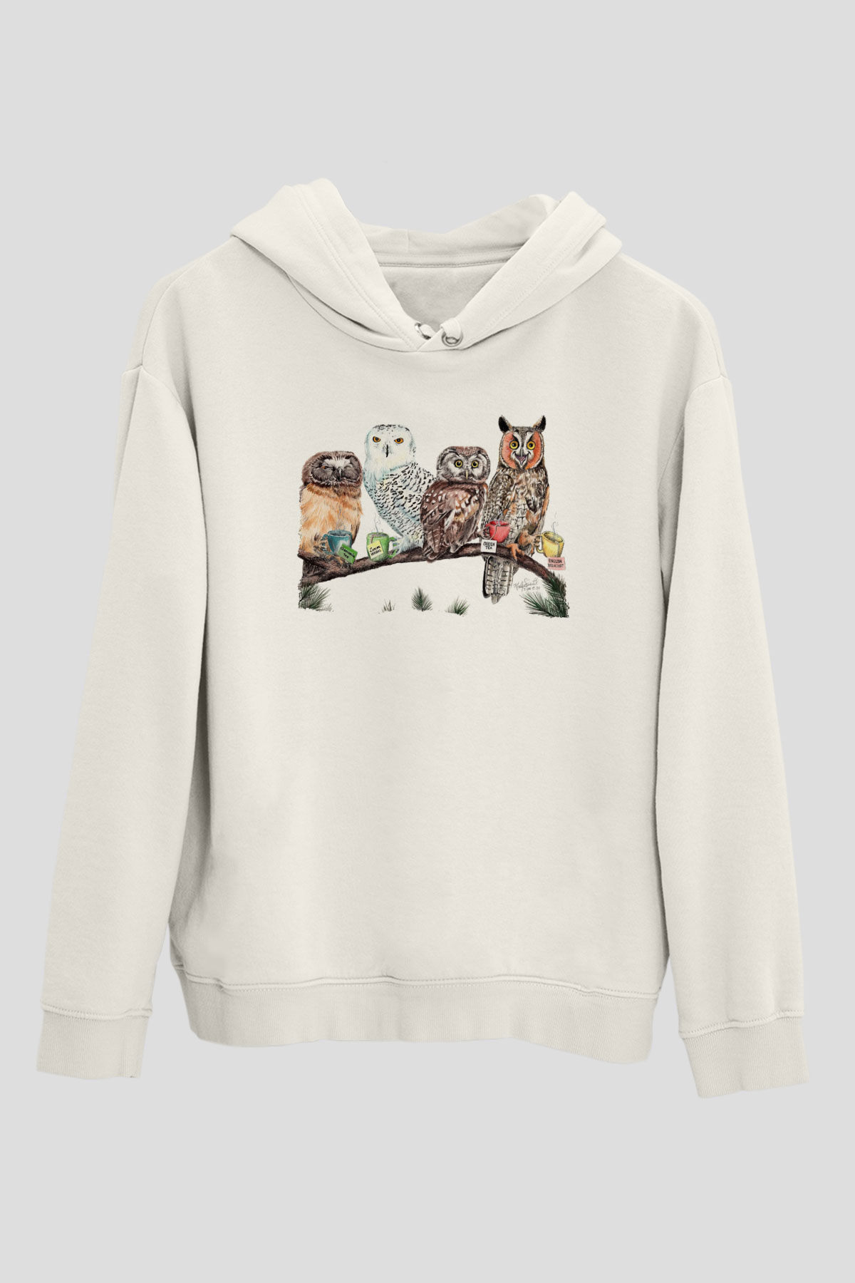 Baykuş Beyaz Unisex Kapüşonlu Sweatshirt