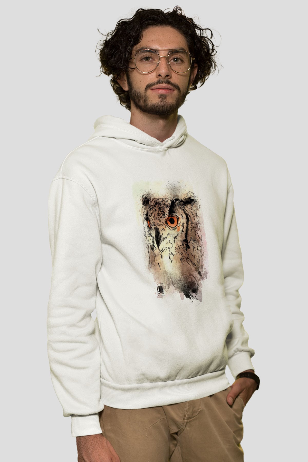 Baykuş Beyaz Unisex Kapüşonlu Sweatshirt