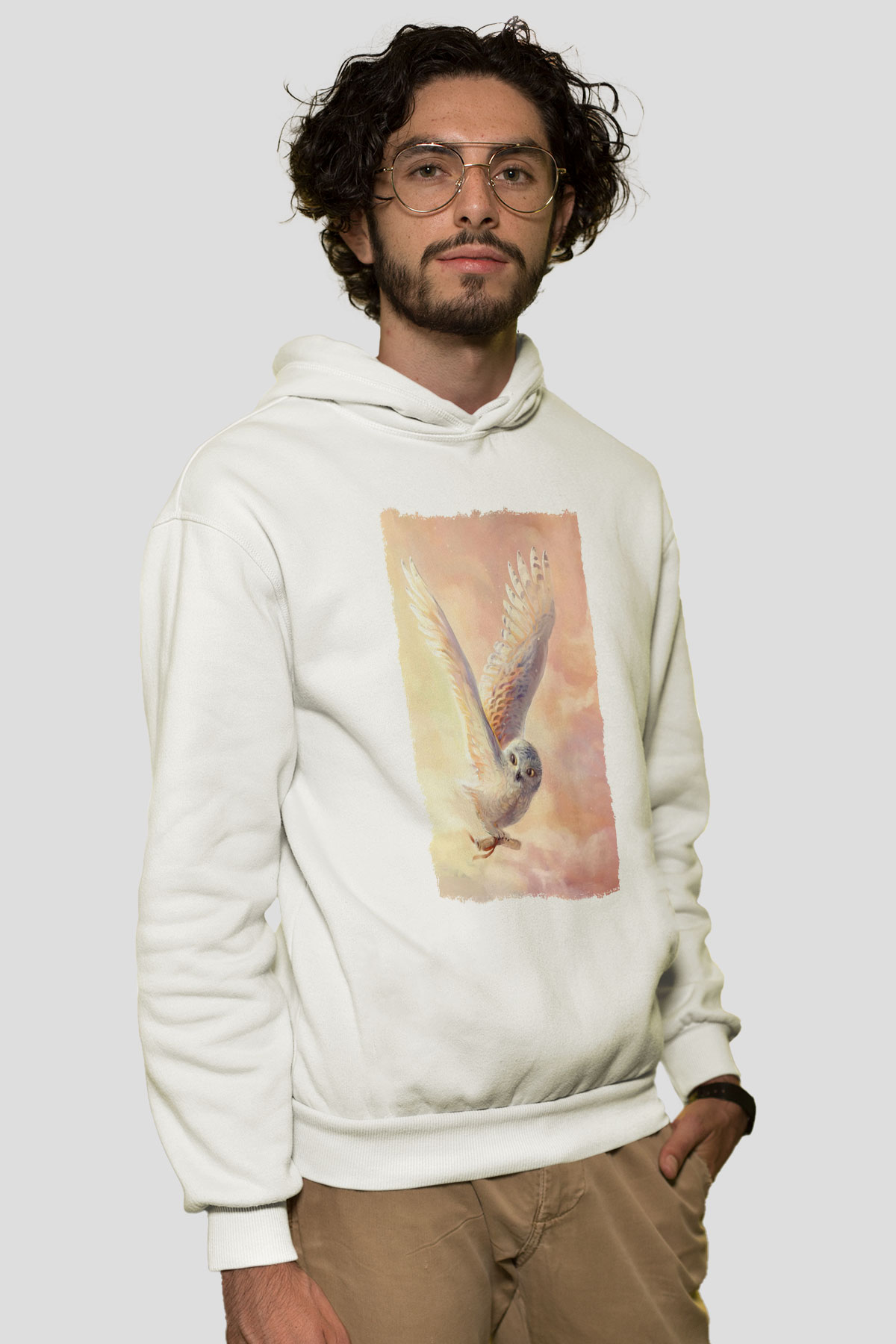 Baykuş Beyaz Unisex Kapüşonlu Sweatshirt