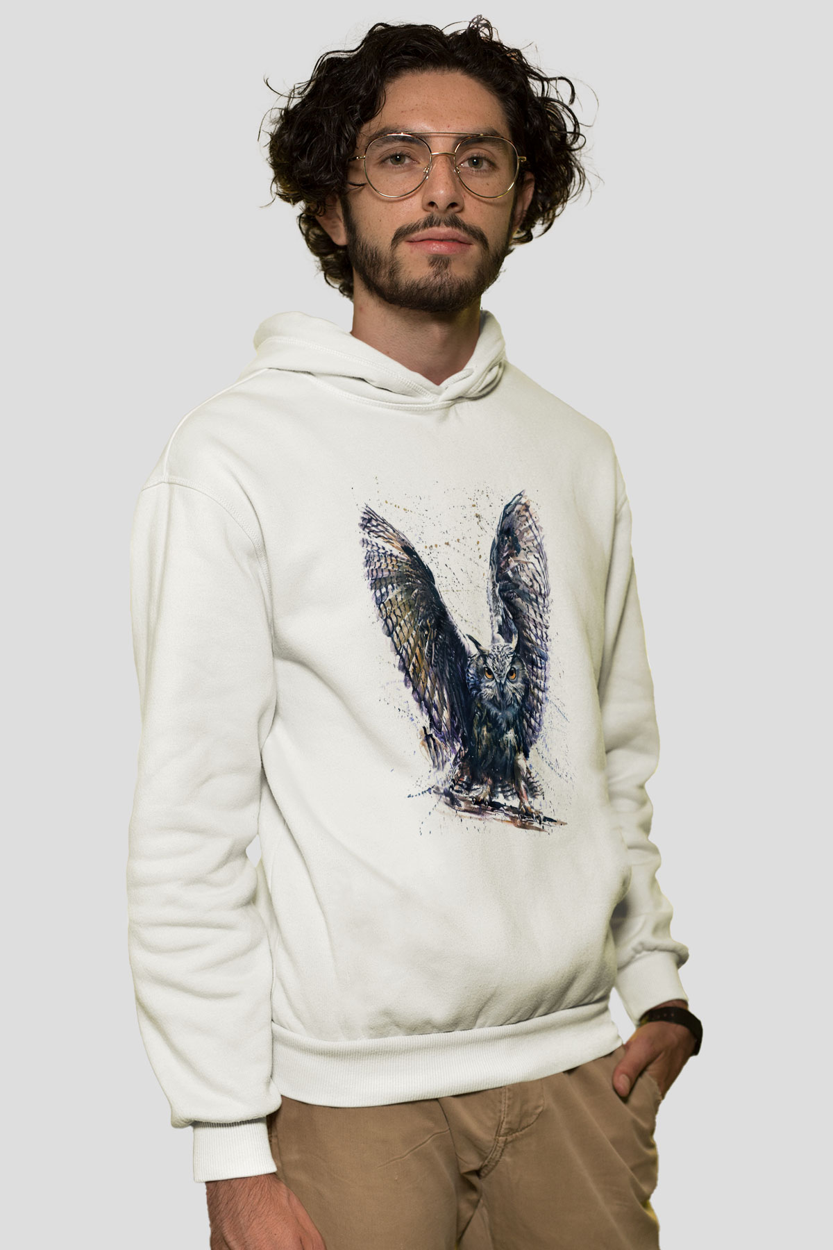 Baykuş Beyaz Unisex Kapüşonlu Sweatshirt