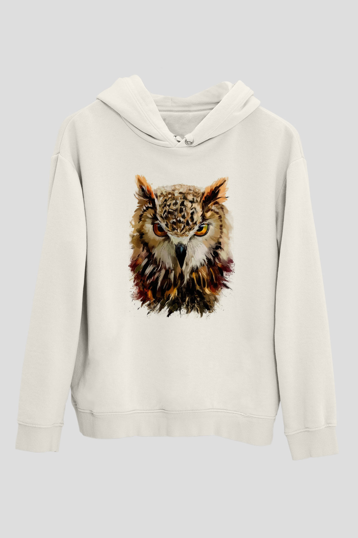 Baykuş Beyaz Unisex Kapüşonlu Sweatshirt