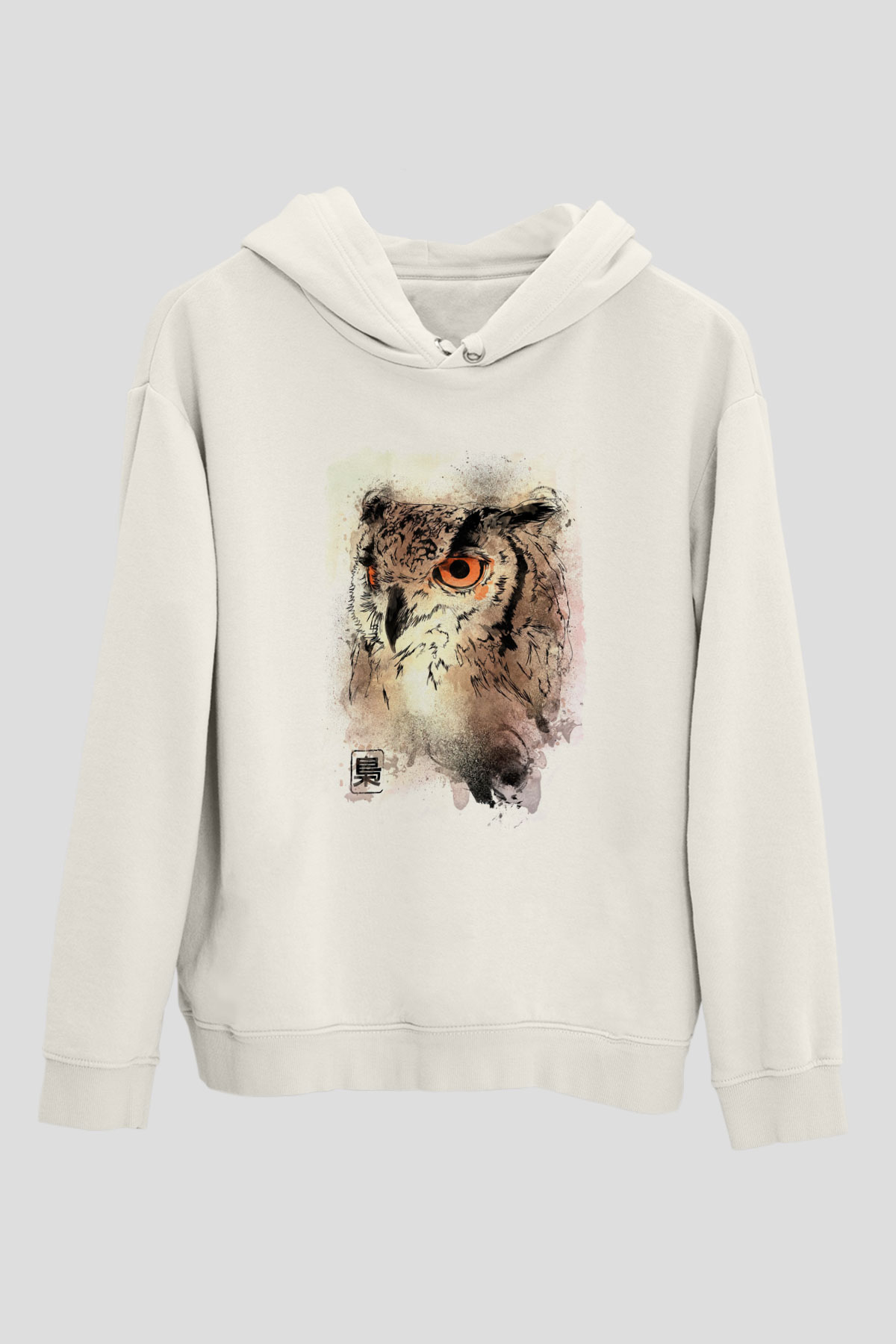 Baykuş Beyaz Unisex Kapüşonlu Sweatshirt