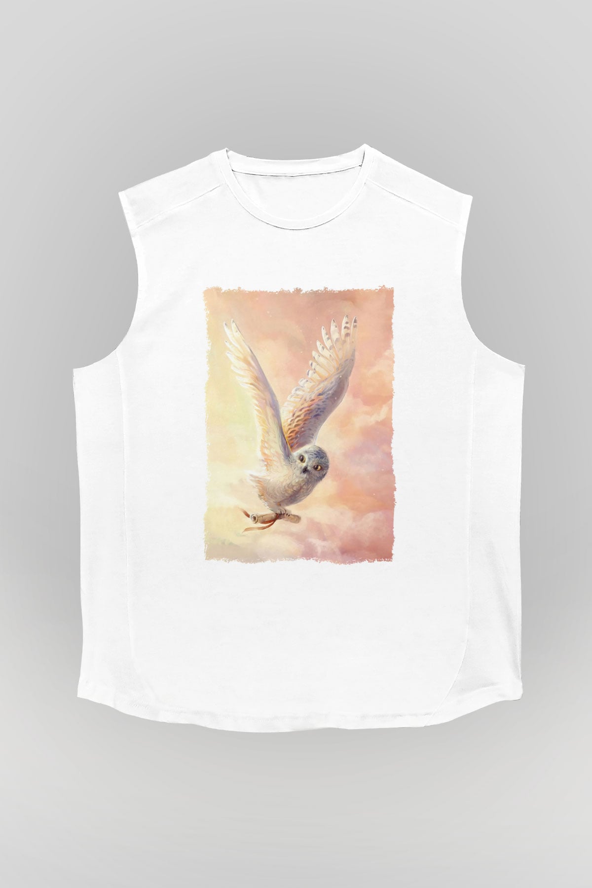 Baykuş Beyaz Unisex Kolsuz Tişört
