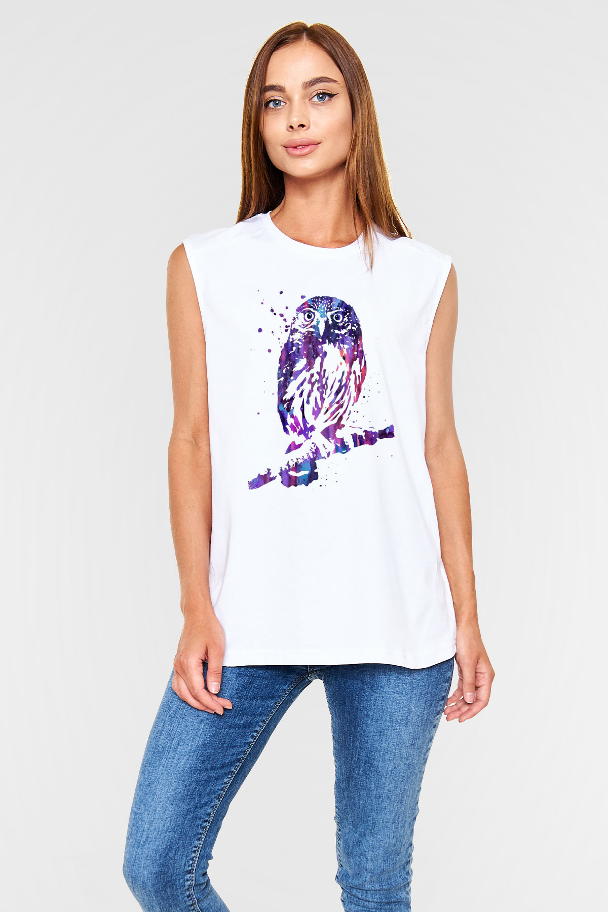 Baykuş Beyaz Unisex Kolsuz Tişört