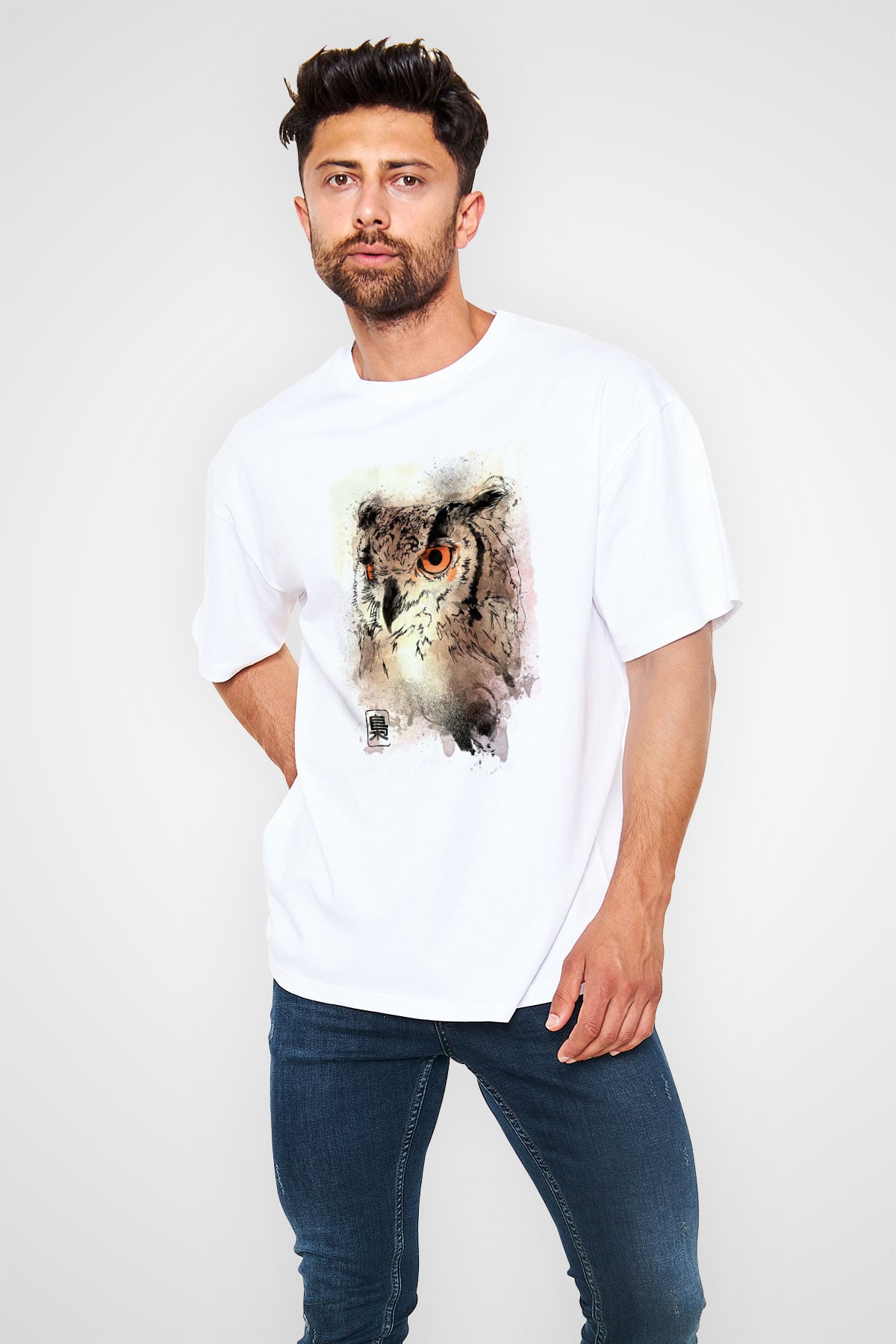 Baykuş Beyaz Oversize Tişört Oversize T-shirt - TişörtFabrikası