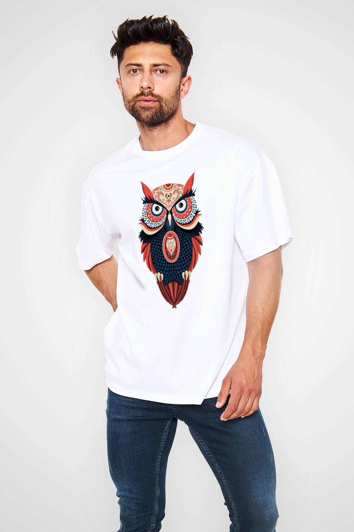 Baykuş Beyaz Oversize Tişört Oversize T-shirt - TişörtFabrikası