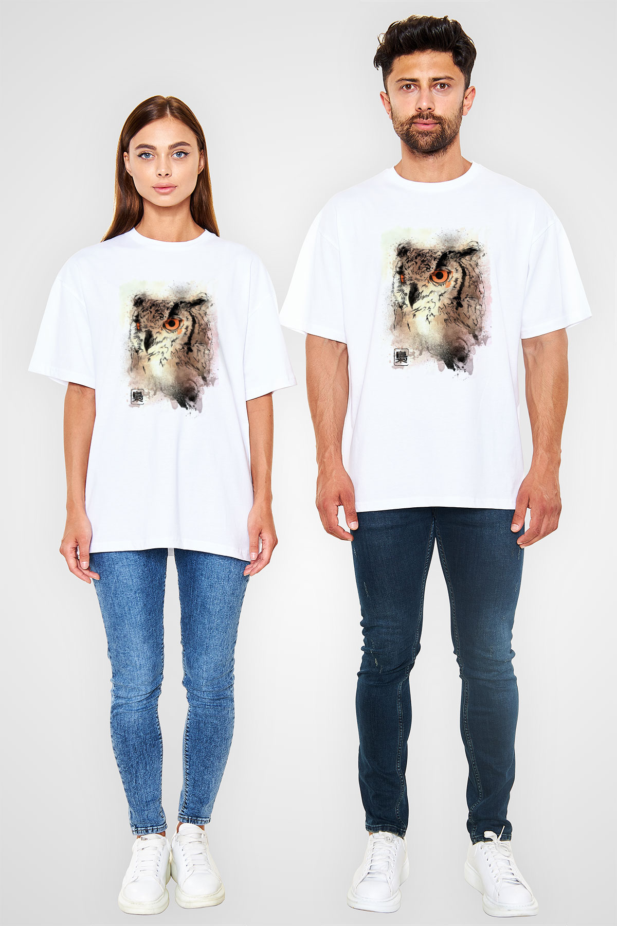Baykuş Beyaz Oversize Tişört Oversize T-shirt - TişörtFabrikası