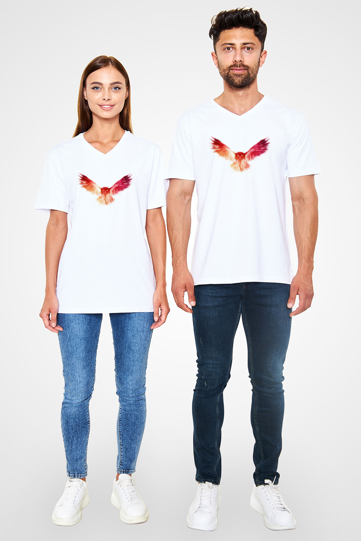 Baykuş Beyaz Unisex V Yaka Tişört