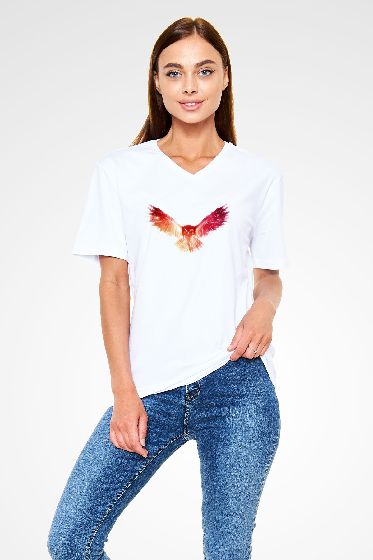 Baykuş Beyaz Unisex V Yaka Tişört
