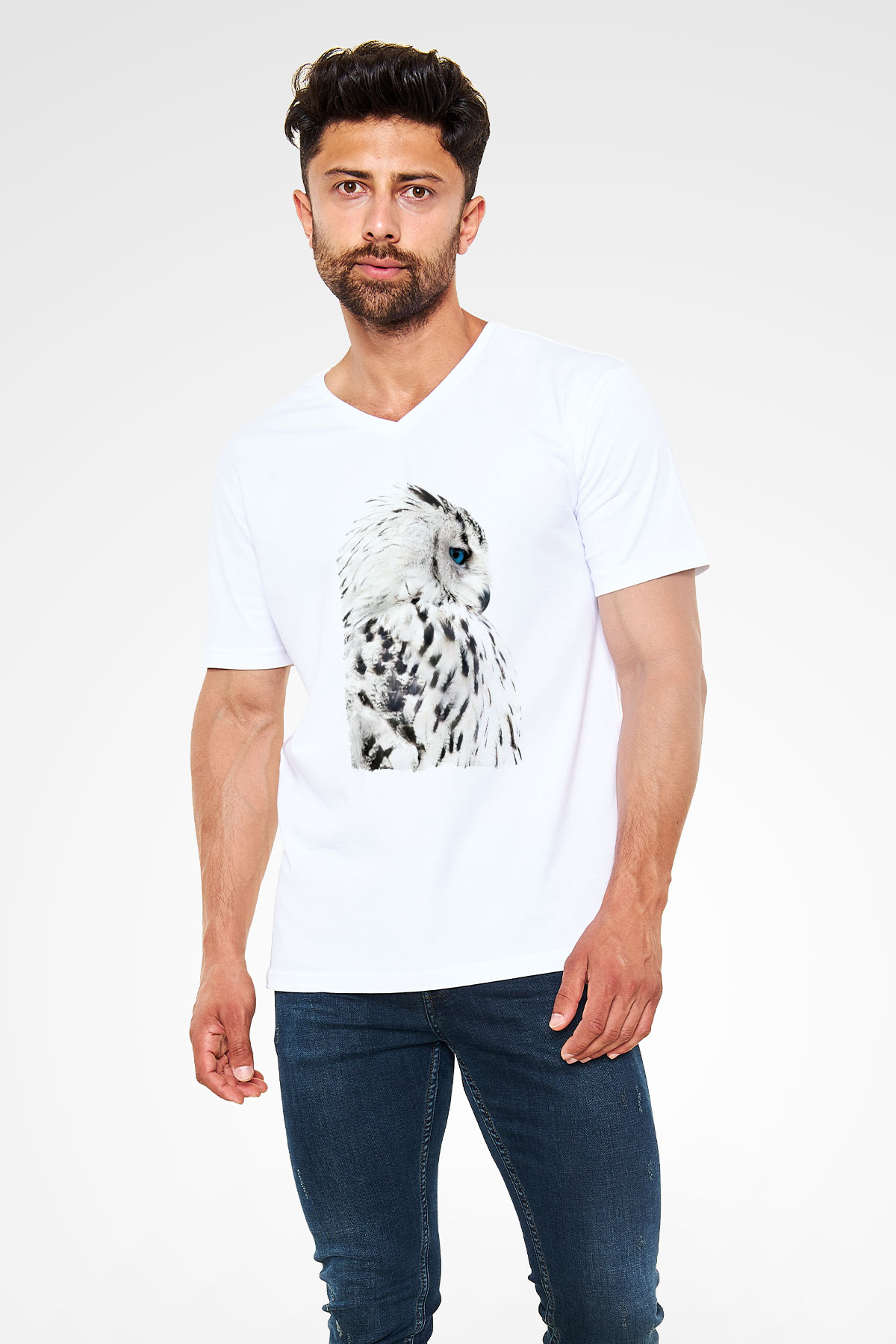 Baykuş Beyaz Unisex V Yaka Tişört