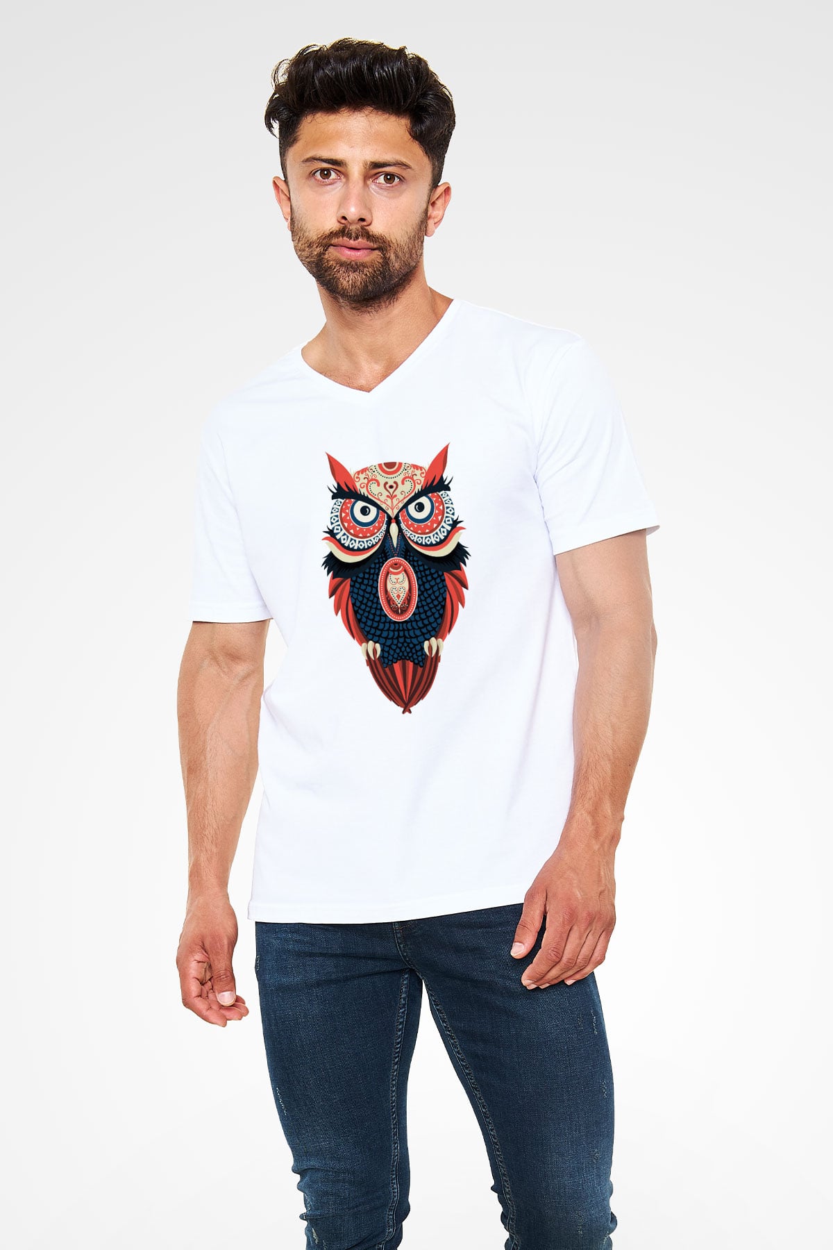 Baykuş Beyaz Unisex V Yaka Tişört