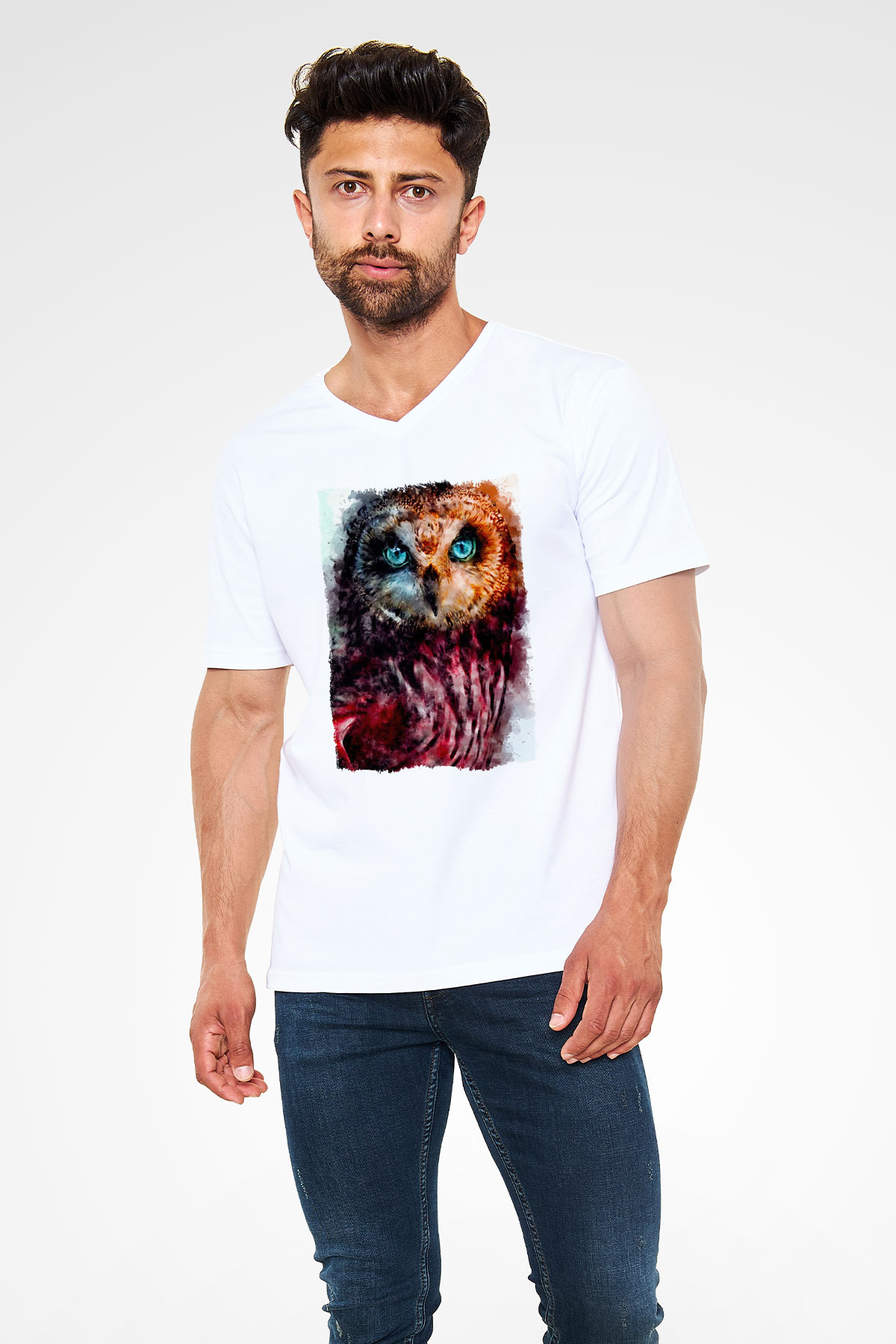 Baykuş Beyaz Unisex V Yaka Tişört