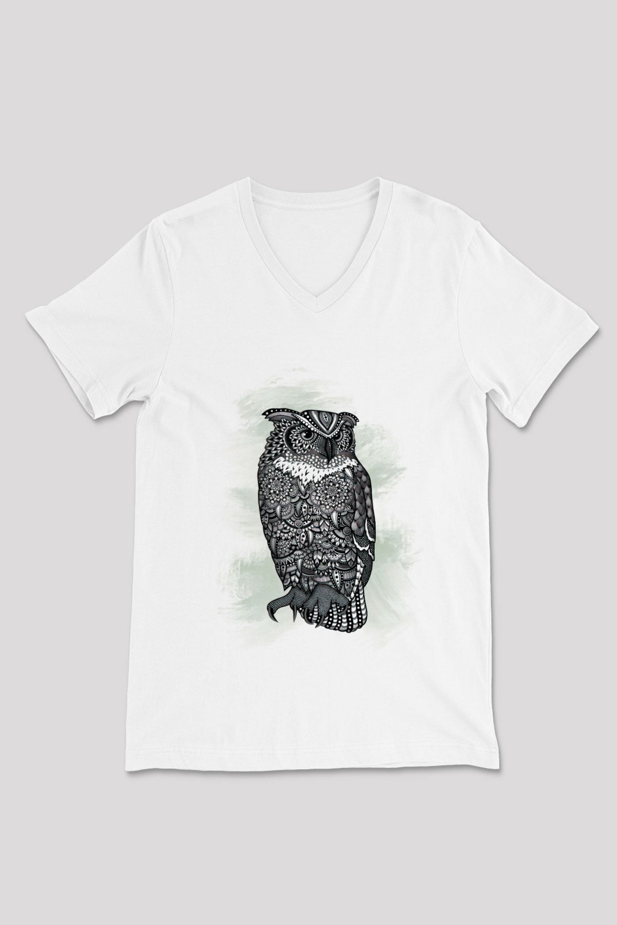 Baykuş Beyaz Unisex V Yaka Tişört