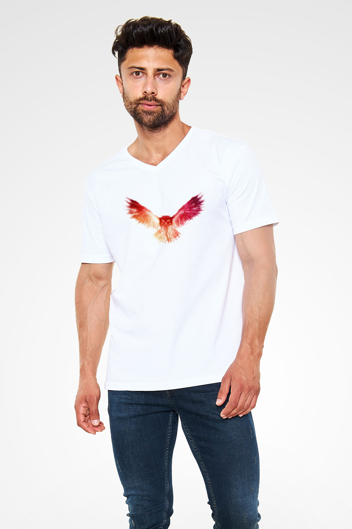 Baykuş Beyaz Unisex V Yaka Tişört