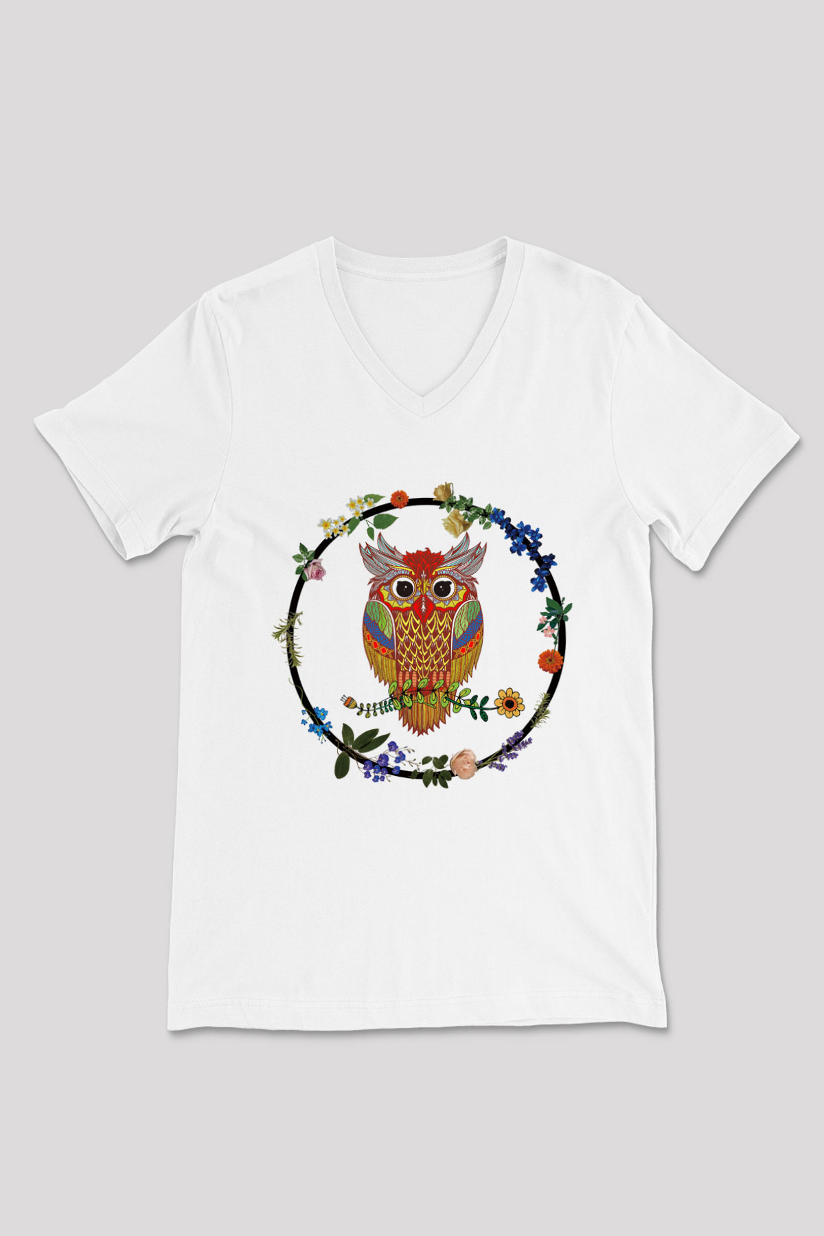 Baykuş Beyaz Unisex V Yaka Tişört T-Shirt