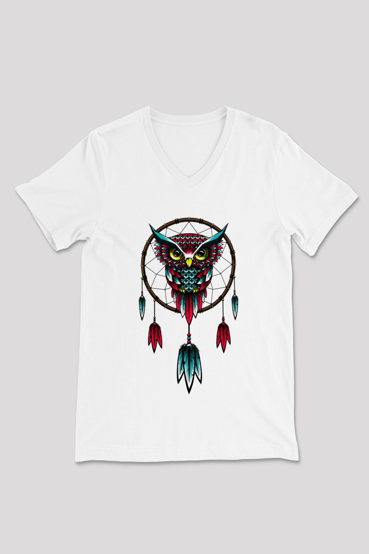 Baykuş Beyaz Unisex V Yaka Tişört T-Shirt