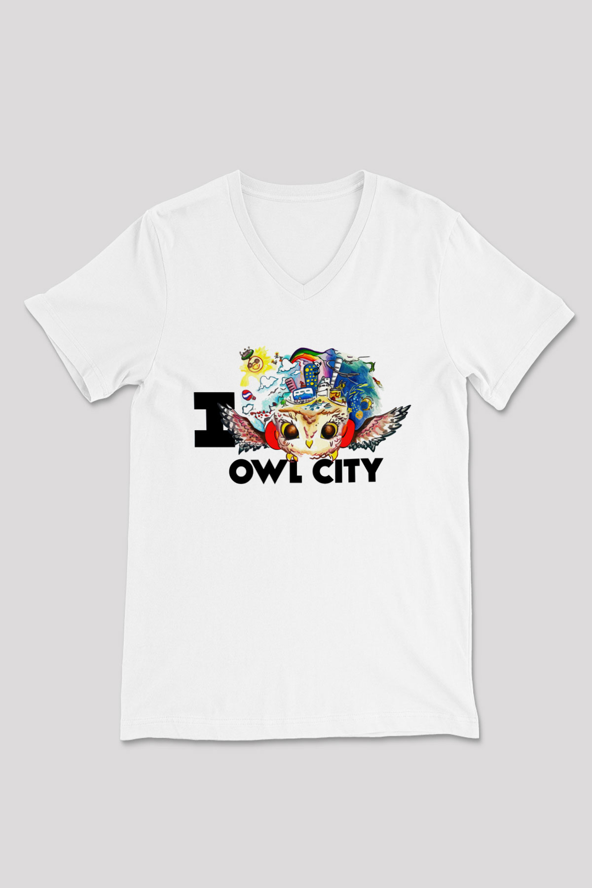 Baykuş Beyaz Unisex V Yaka Tişört T-Shirt