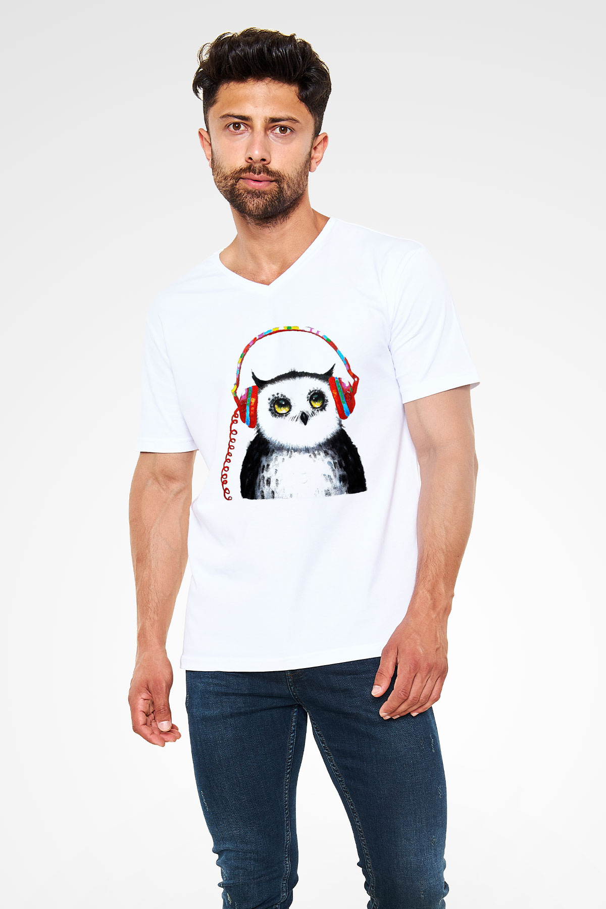 Baykuş Beyaz Unisex V Yaka Tişört T-Shirt
