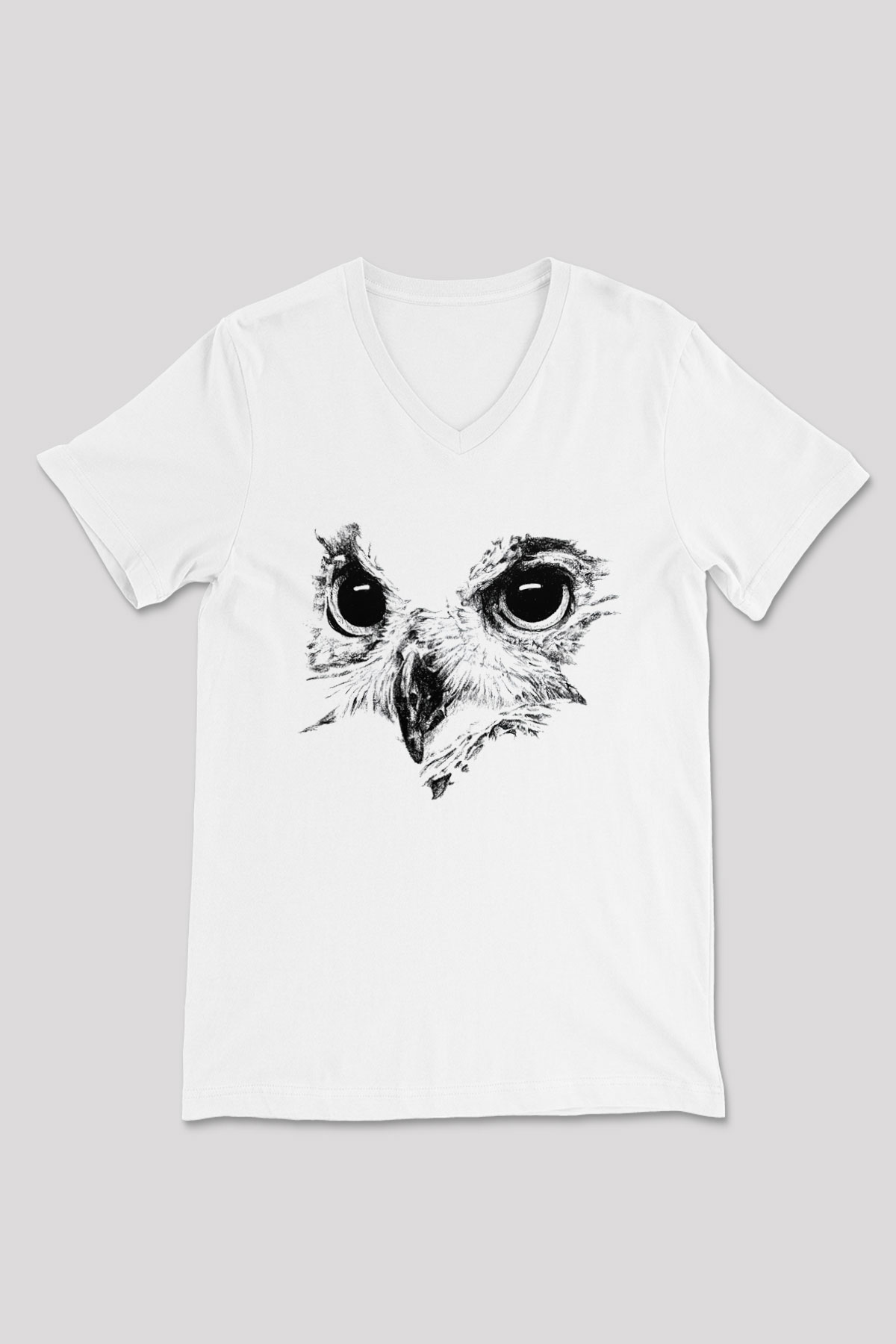 Baykuş Beyaz Unisex V Yaka Tişört T-Shirt